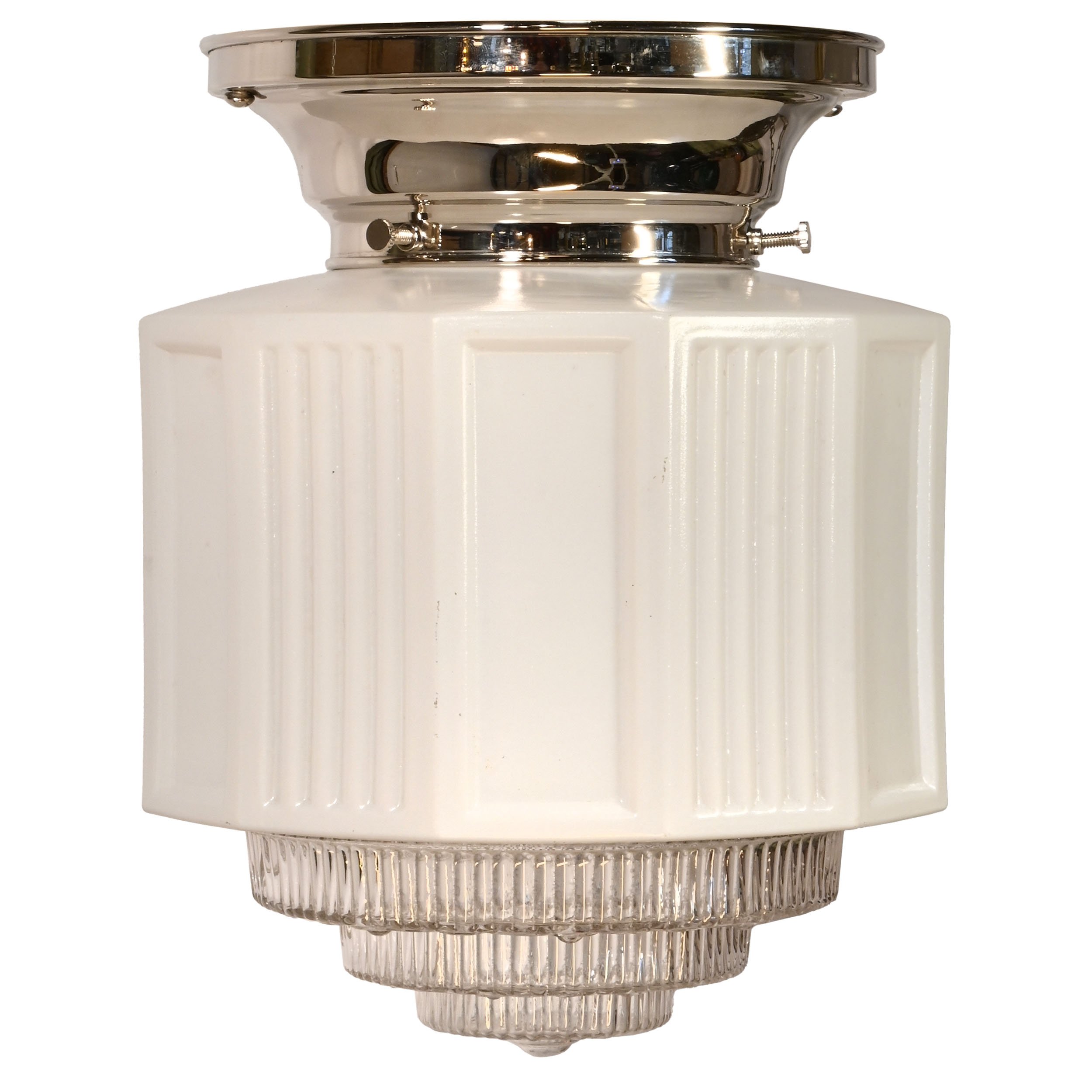 27249 white and clear skyscraper shade on nickel flush mount 2.jpg
