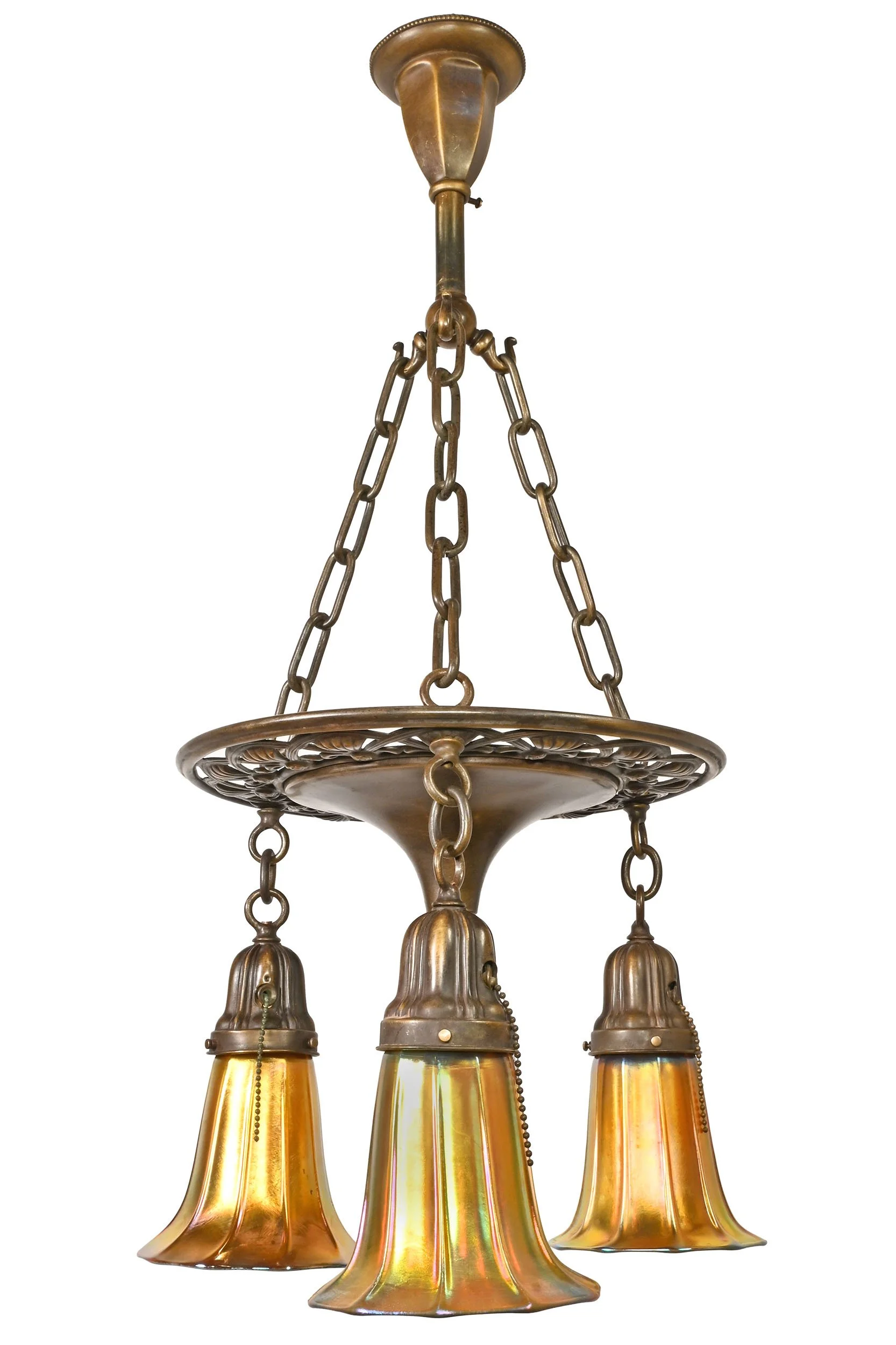 27246 brass three light chandelier with rose detail and aurene art glass shades 3.jpg
