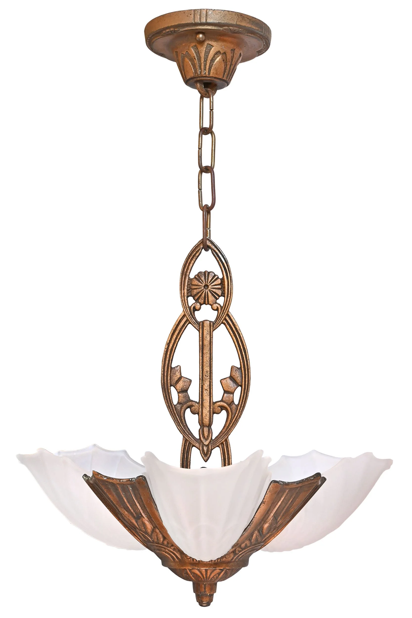 deco bronze finish three frosted slip shade chandelier by electrolier