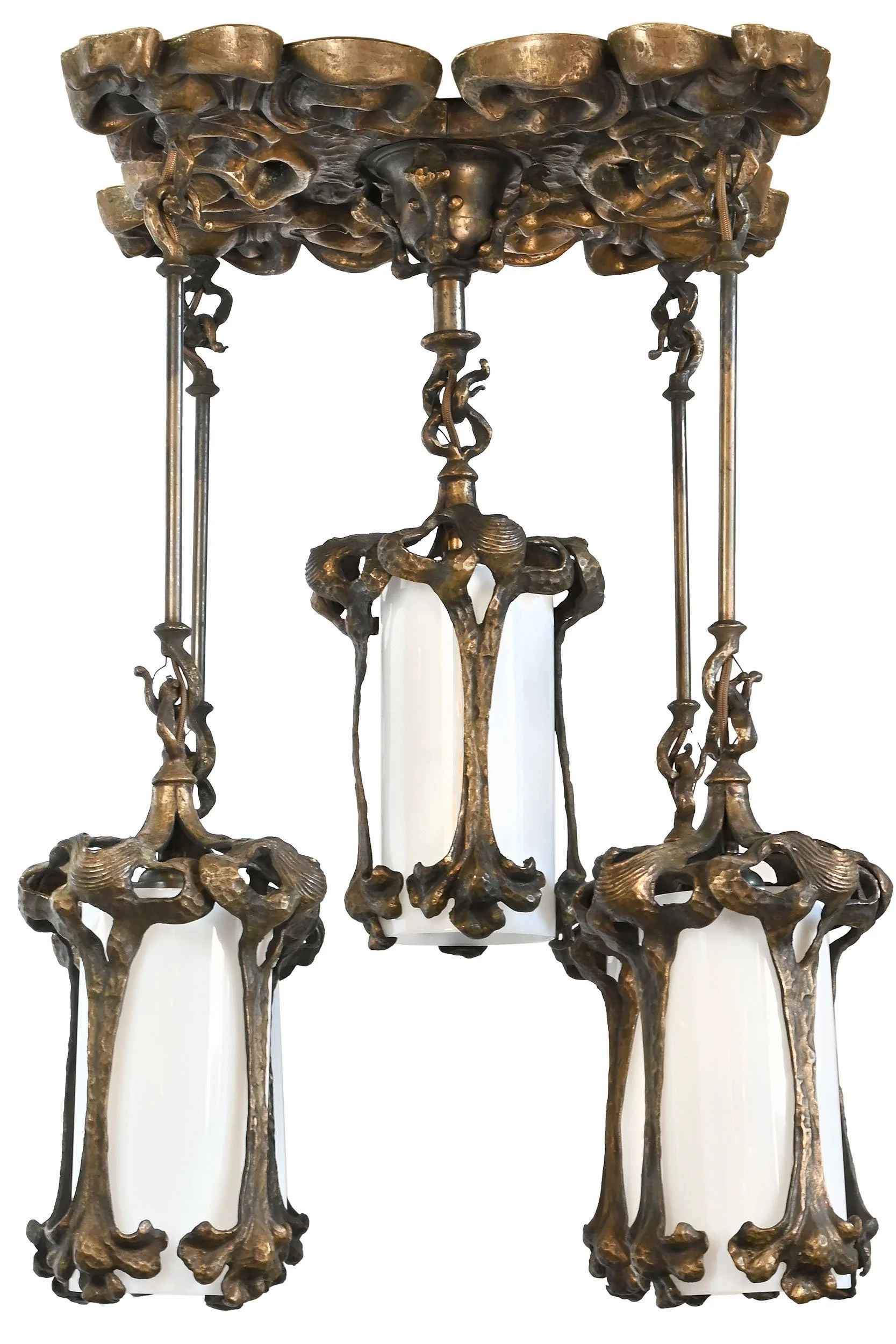 27147 hammered bronze art nouveau five lantern flush chandelier 1.jpg