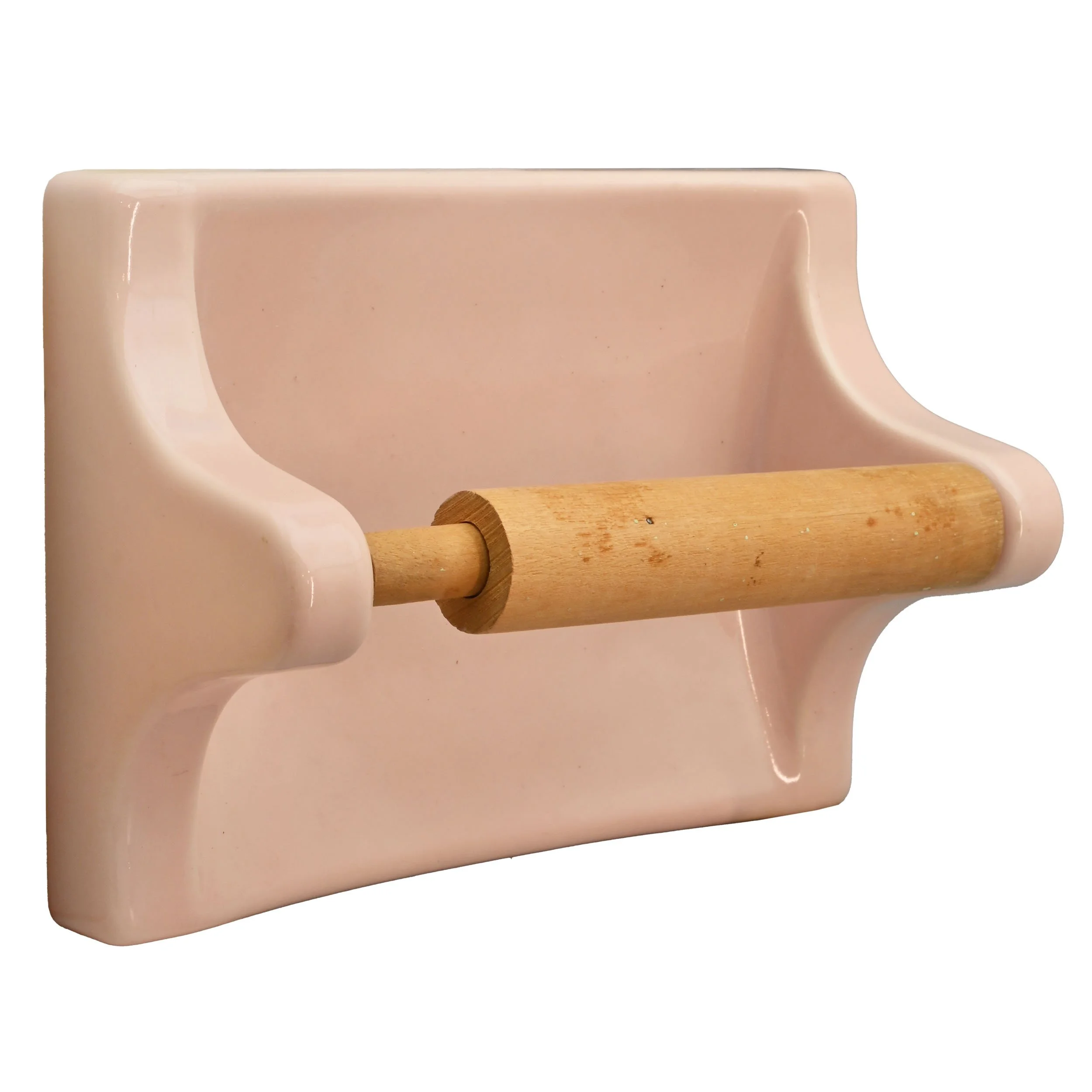 27610 pink porcelain mortared-in toilet paper holder with wood spindle 1.jpg