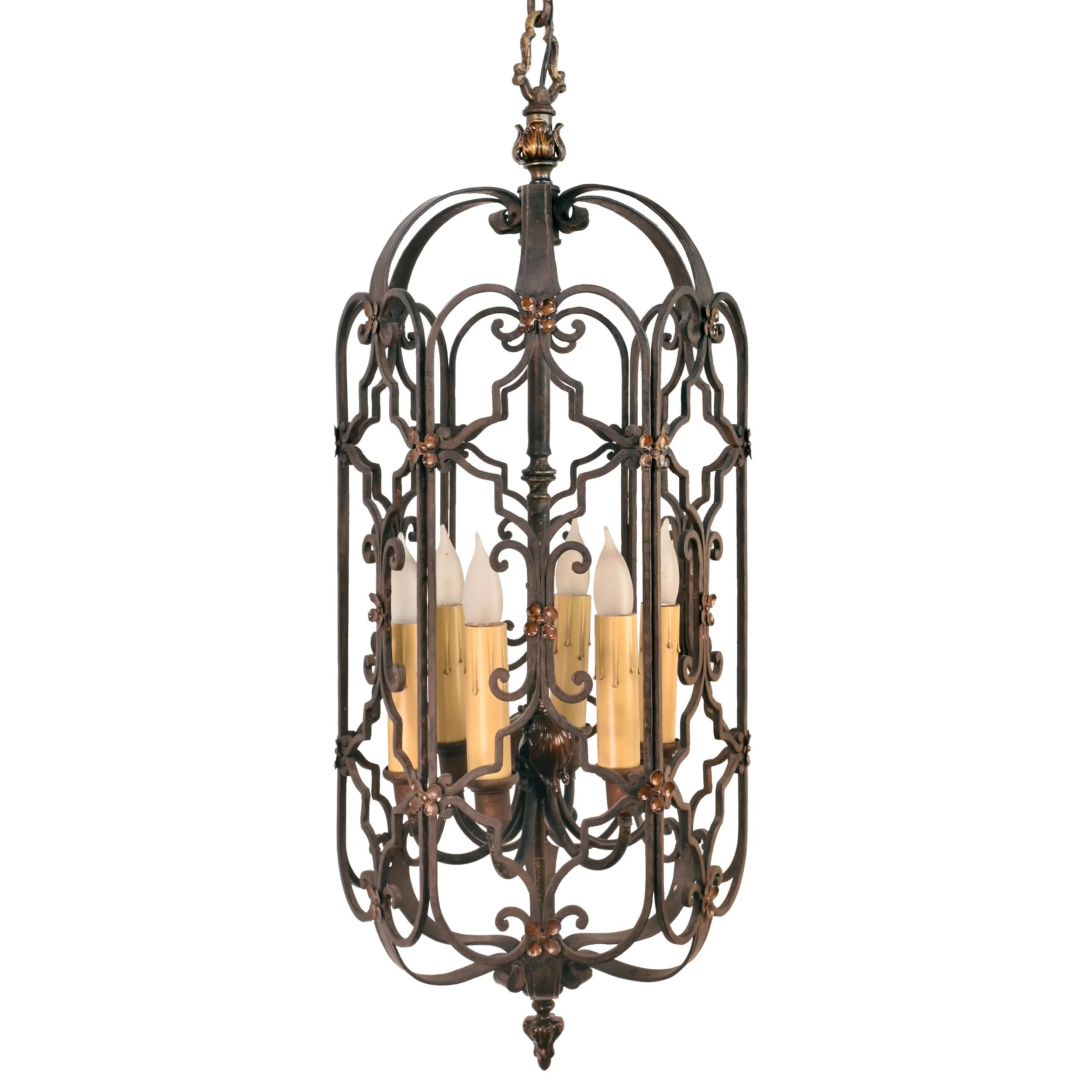 large iron scrollwork six candle pendant