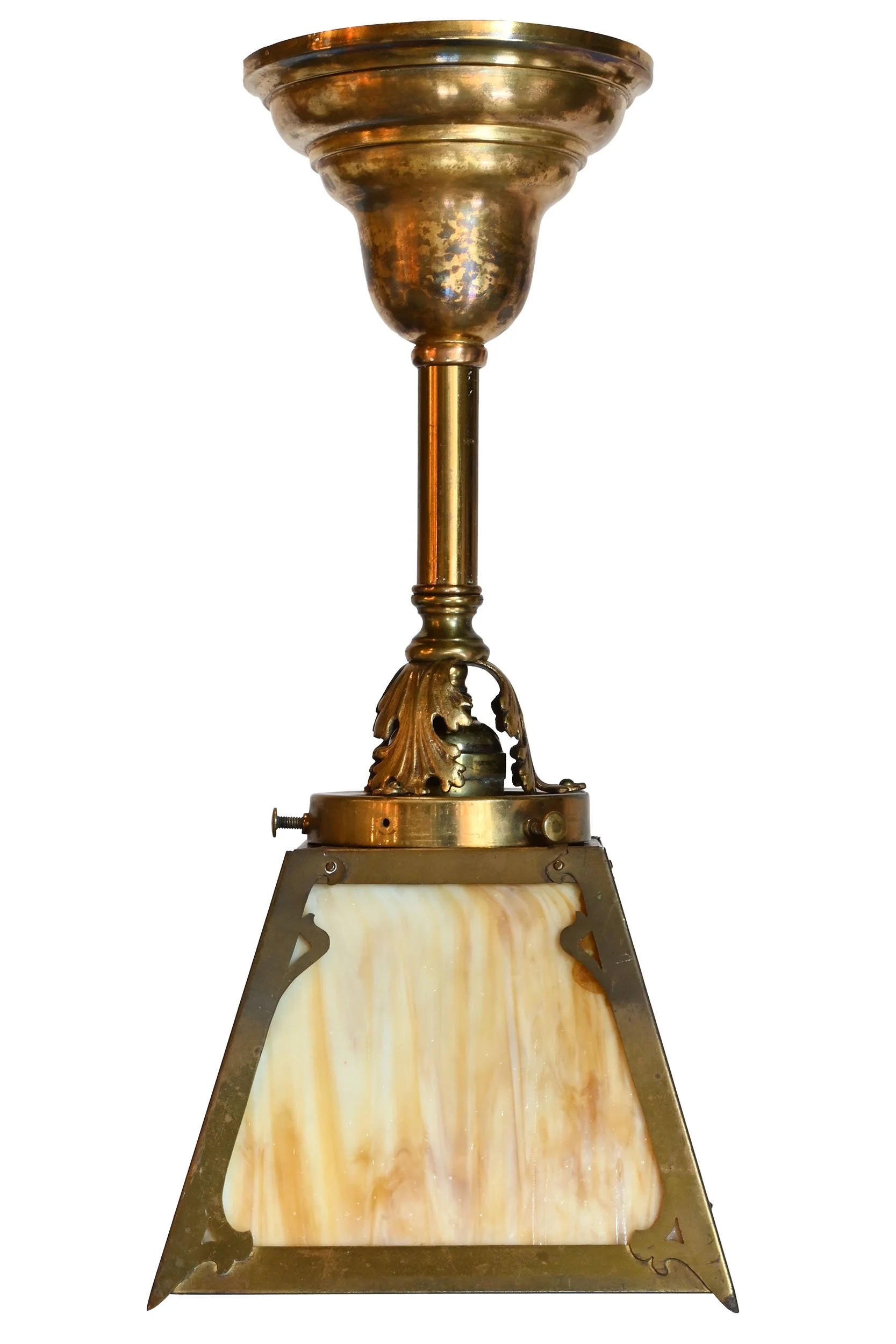 27419 caramel slag glass and brass pendants with acanthus leaf husks 1.jpg