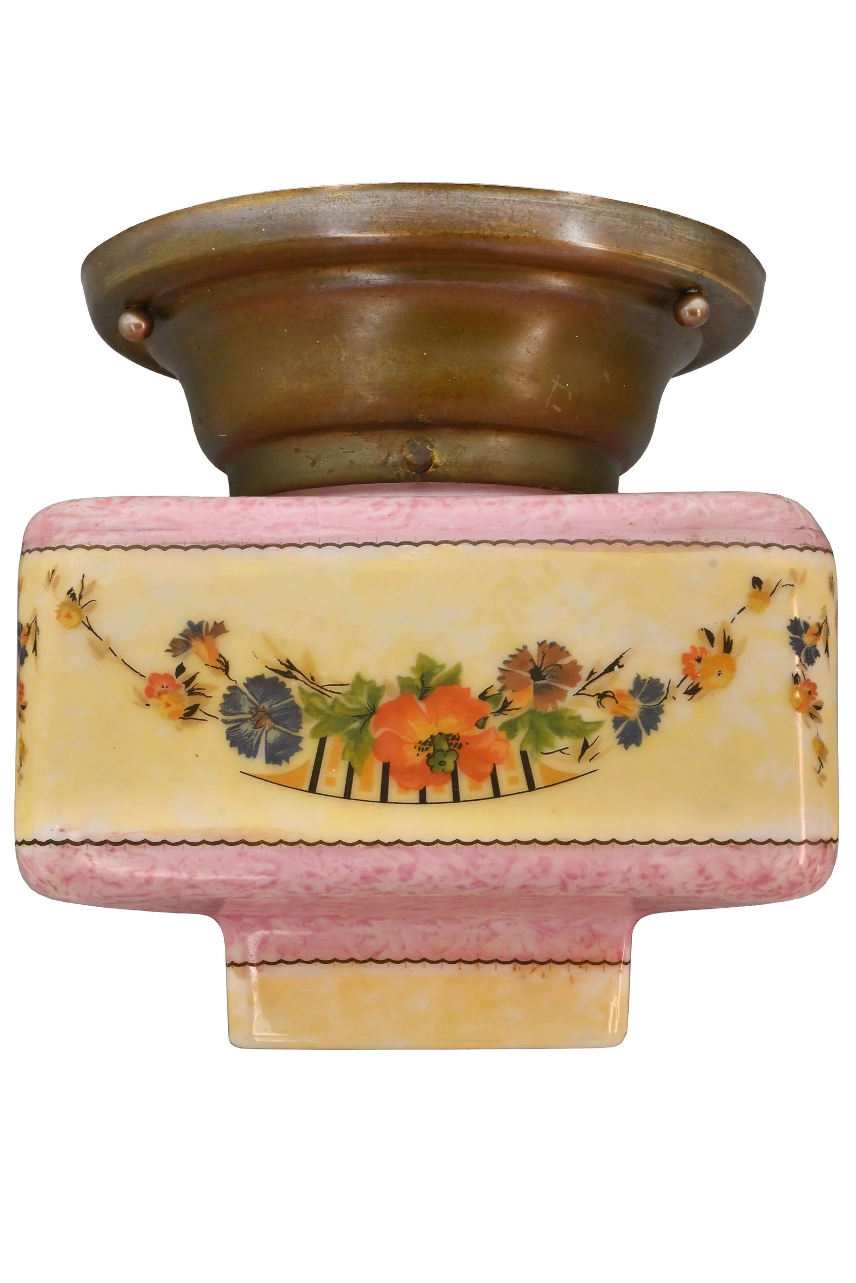rare square stepped pink yellow and floral shade on brass flush mount