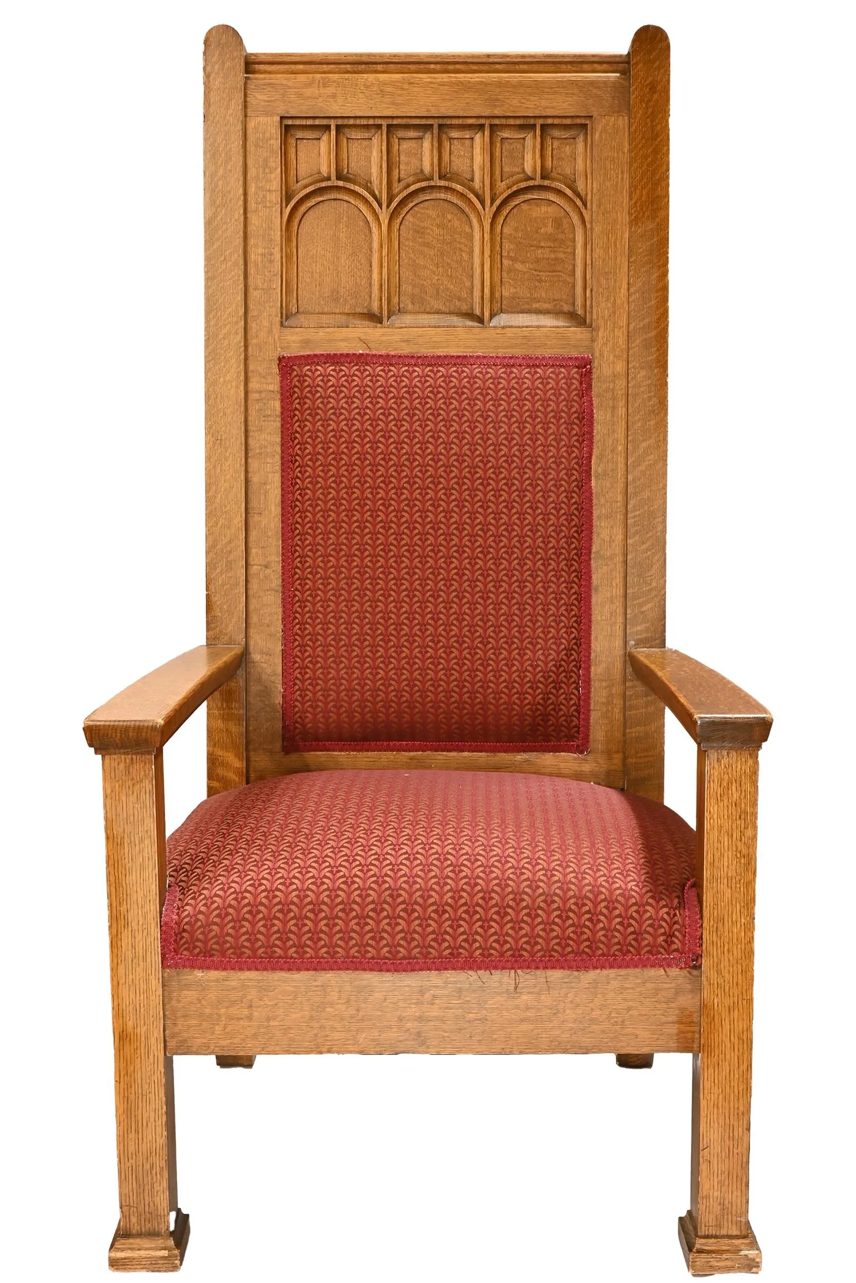 gothic arch inlaid bishops throne tiger oak high back armchair