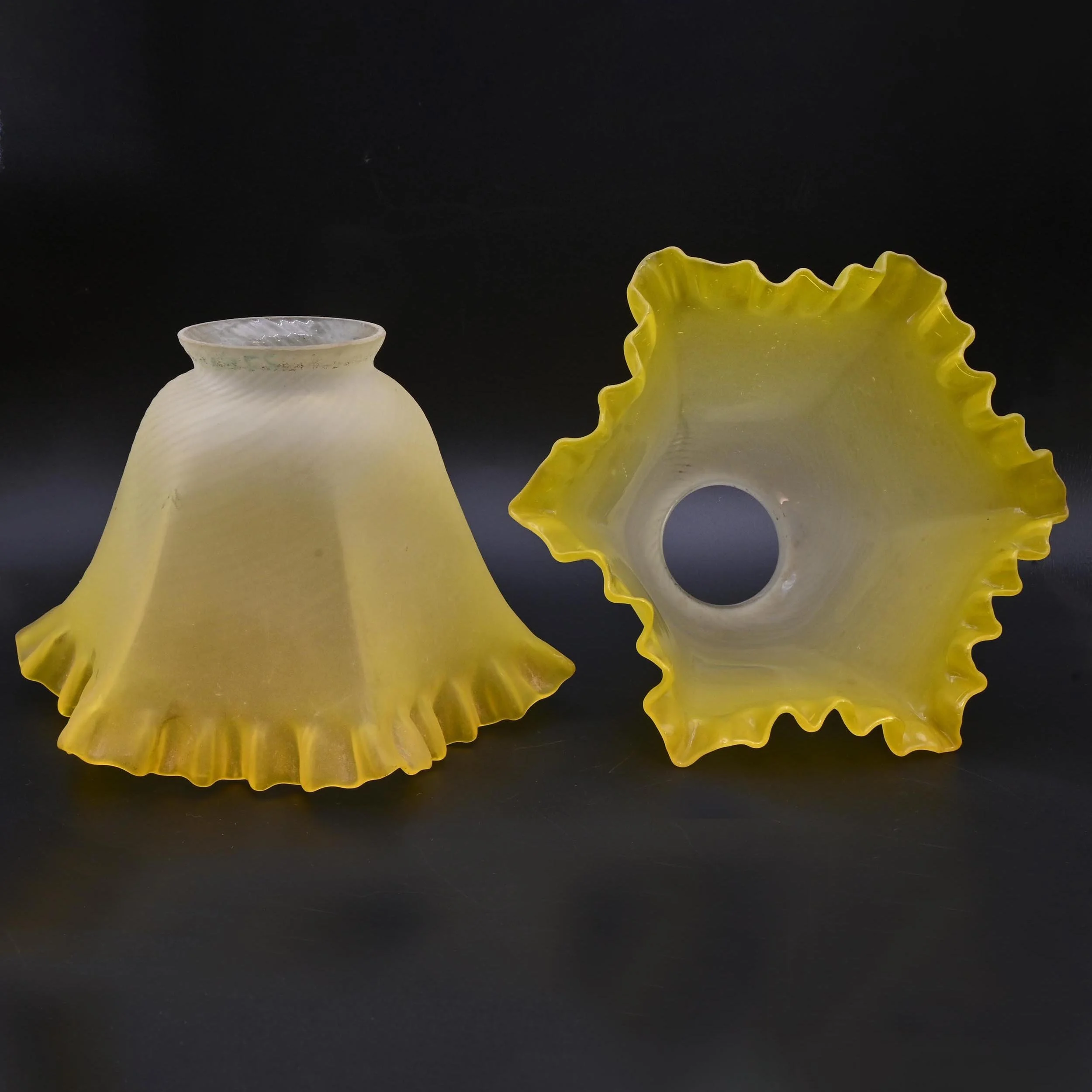 set of three yellow ombré early hand blown swirled skirted bottom glass shades
