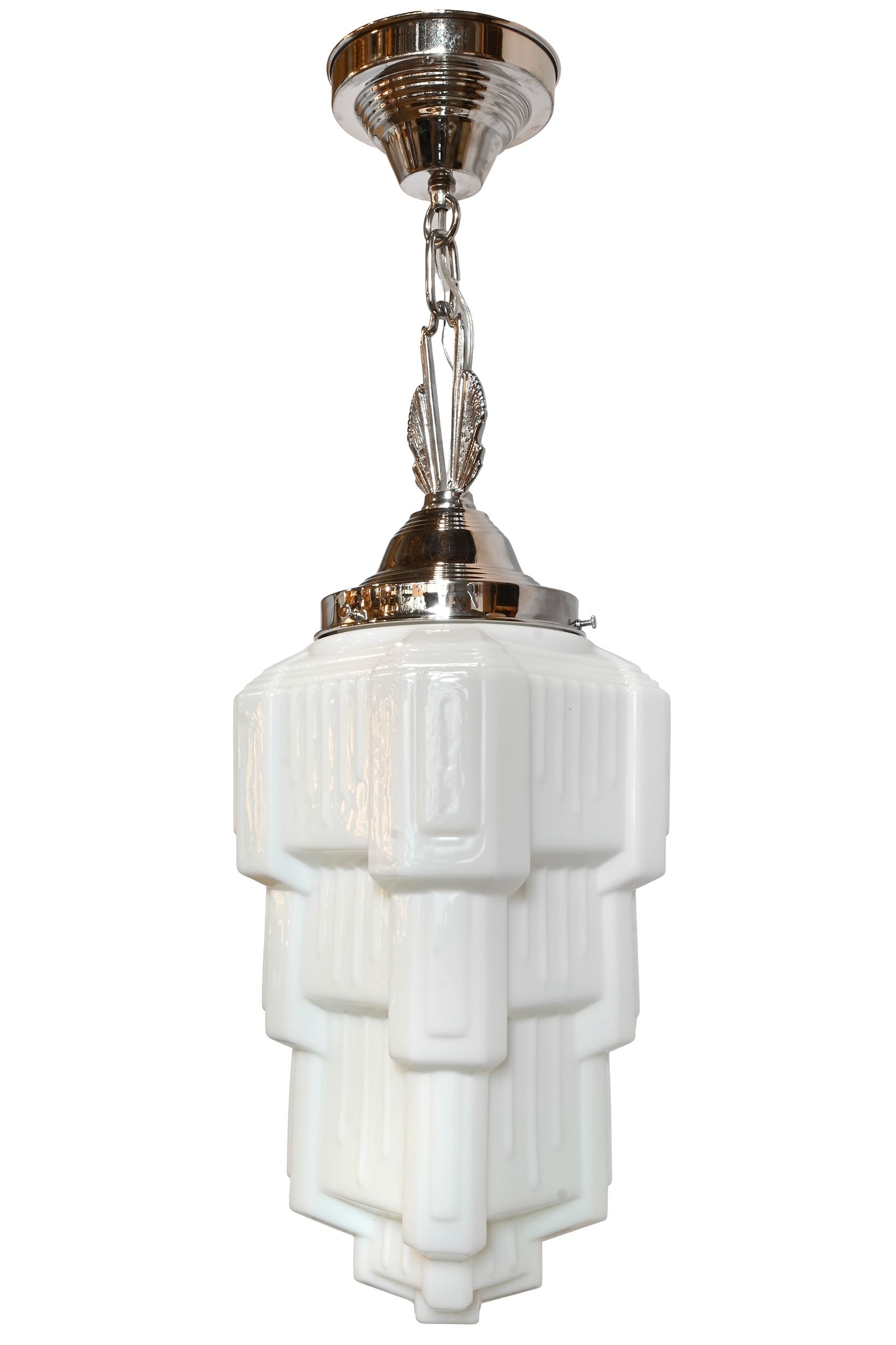 recreation square milk glass skyscraper shade on nickel pendant