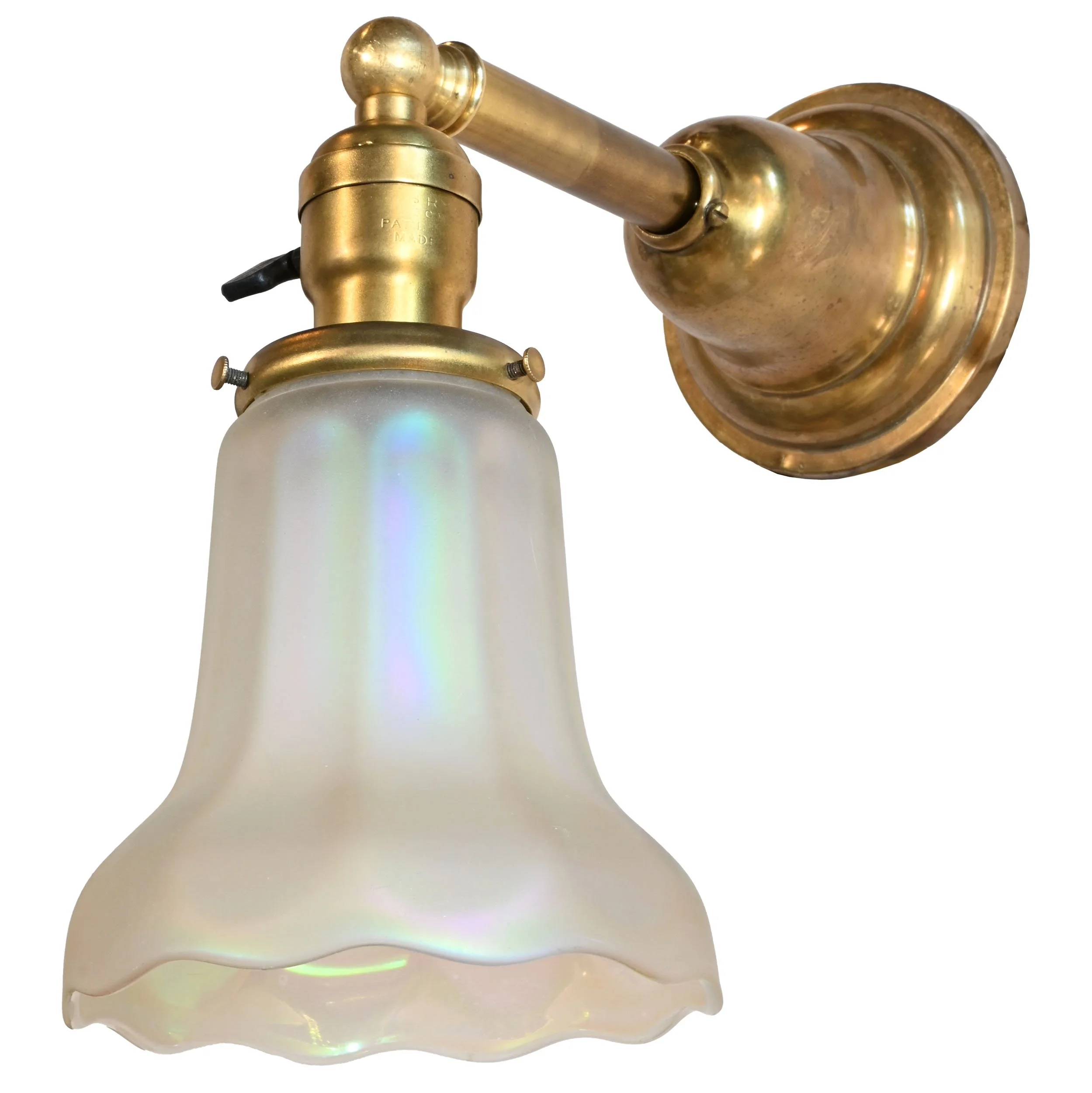 27486 brass sconce pair with frosted iridescent shades 3.jpg