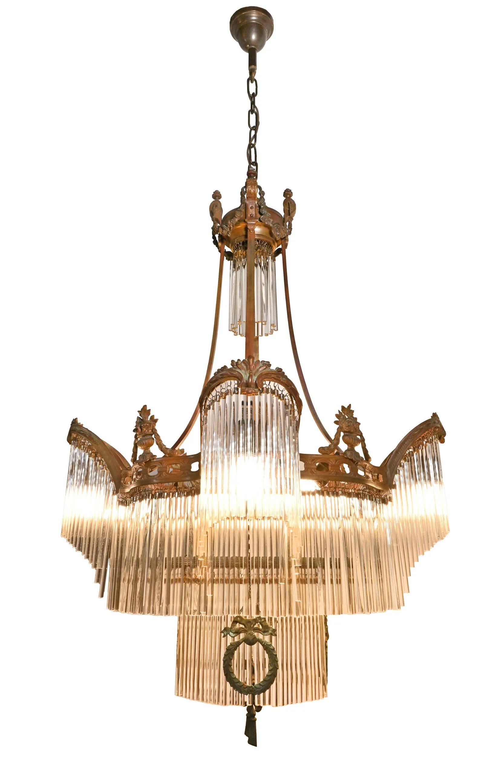 verdigris cast bronze layered pencil prism chandelier
