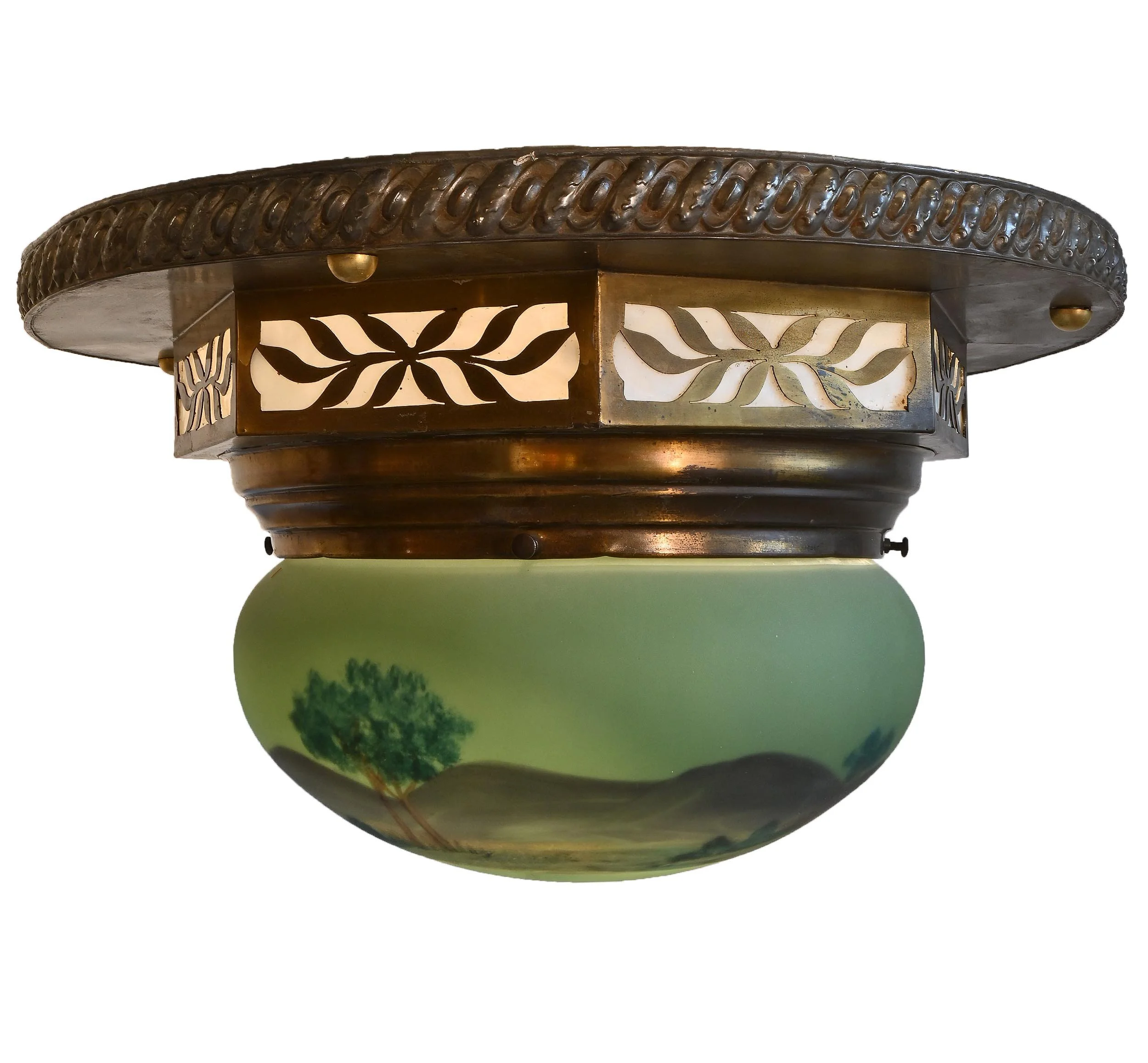 hand reverse painted landscape 10 inch shade with octagon details ceiling hugger