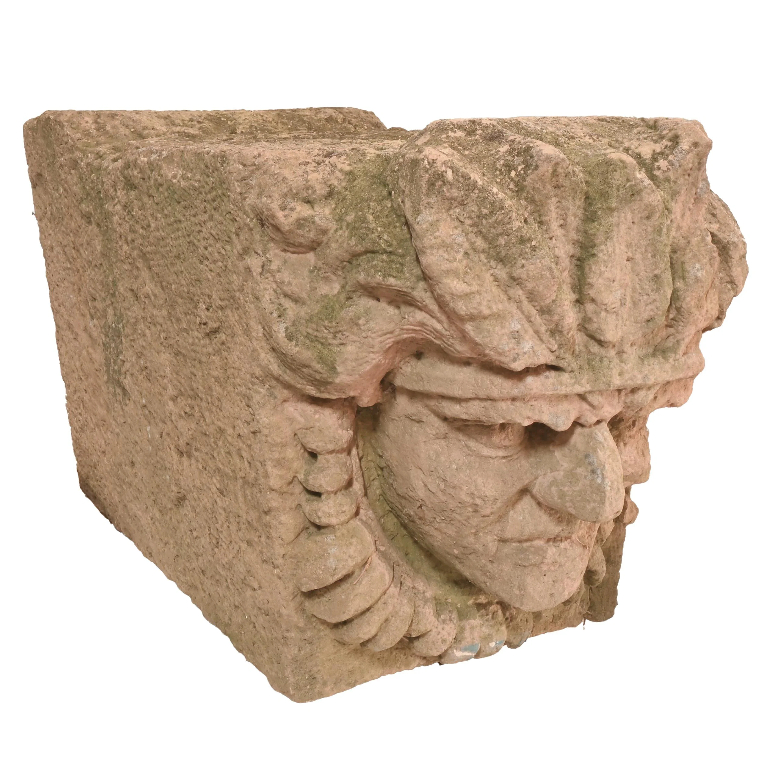 hand carved native chief in headdress early  limestone cap stone from private collector
