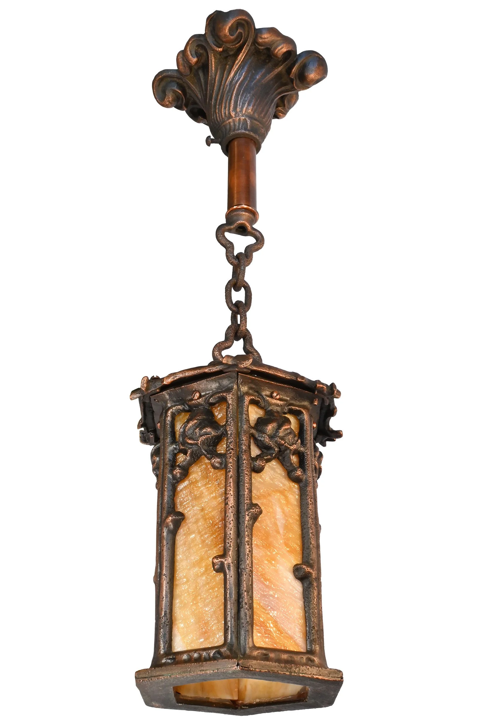 27320 bronze plated cast iron art nouveau caramal slag glass lantern pendant 2.jpg