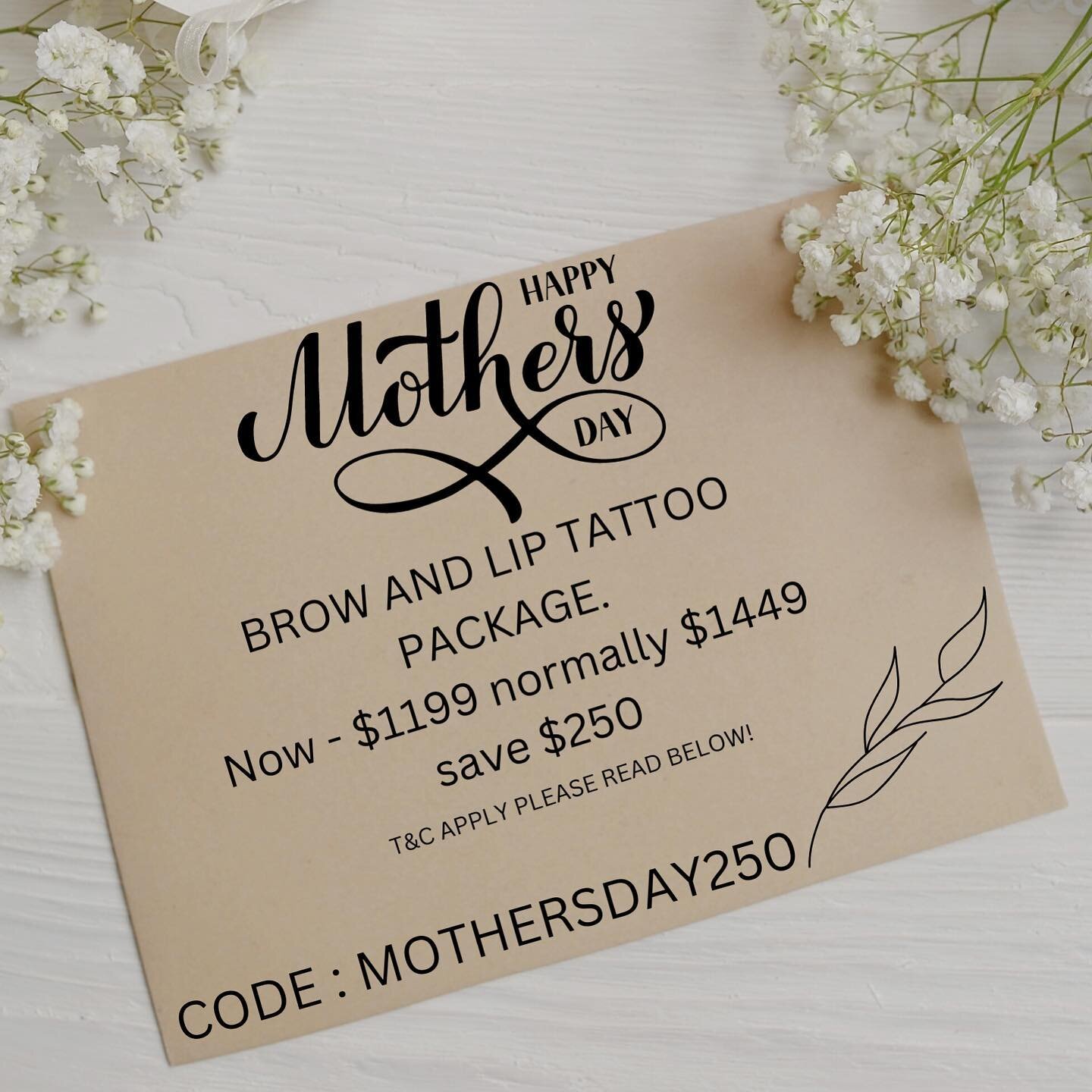 Mothers Day Package! 

Treat yourself or your loved ones with this amazing promo package!
Eyebrow and Lip tattoo!
Now $1199 down from $1449
Saving a massive $250 

🛑PLEASE READ BELOW ⬇️ 
- Must be 18 years old and over 
- Can not be used with any ot