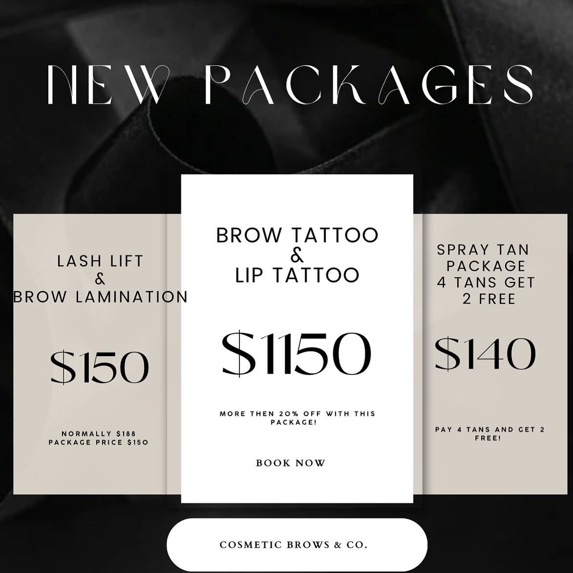 ✨ SAVE WITH PACKAGES ✨

✨ Package - 1 Brow Tattoo and Full Lip tattoo saving more then 20%
✨ Package 2 - Lash Lift &amp; Tint + Brow Lamination saving 20% 
✨ 6 Spray Tans pay for 4 get 2 FREE 

DM us for more information. 
T&amp;C Apply 

Have a wond