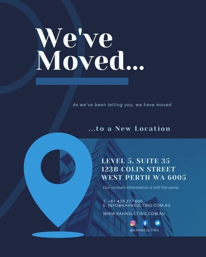 ... Just in case you couldn't find our address online, here it is.

Live and in effect.

#kahnsulting #tax #businessadvisory #CA #CharteredAccountant #Perthaccountant #tax #finance #bookkeeping #smallbusiness #Xero #startup #Perthisok #bookkeeping #p