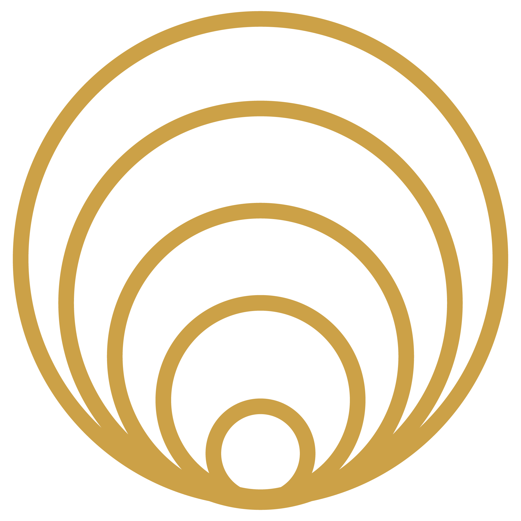 Black background with concentric gold circles radiating outward.
