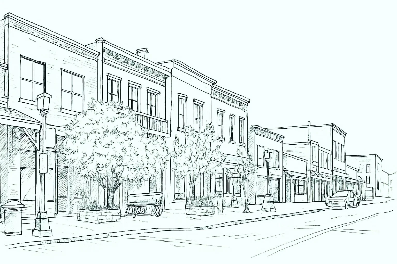 Line drawing of a city street with row of buildings, trees, a parked car, and streetlights.