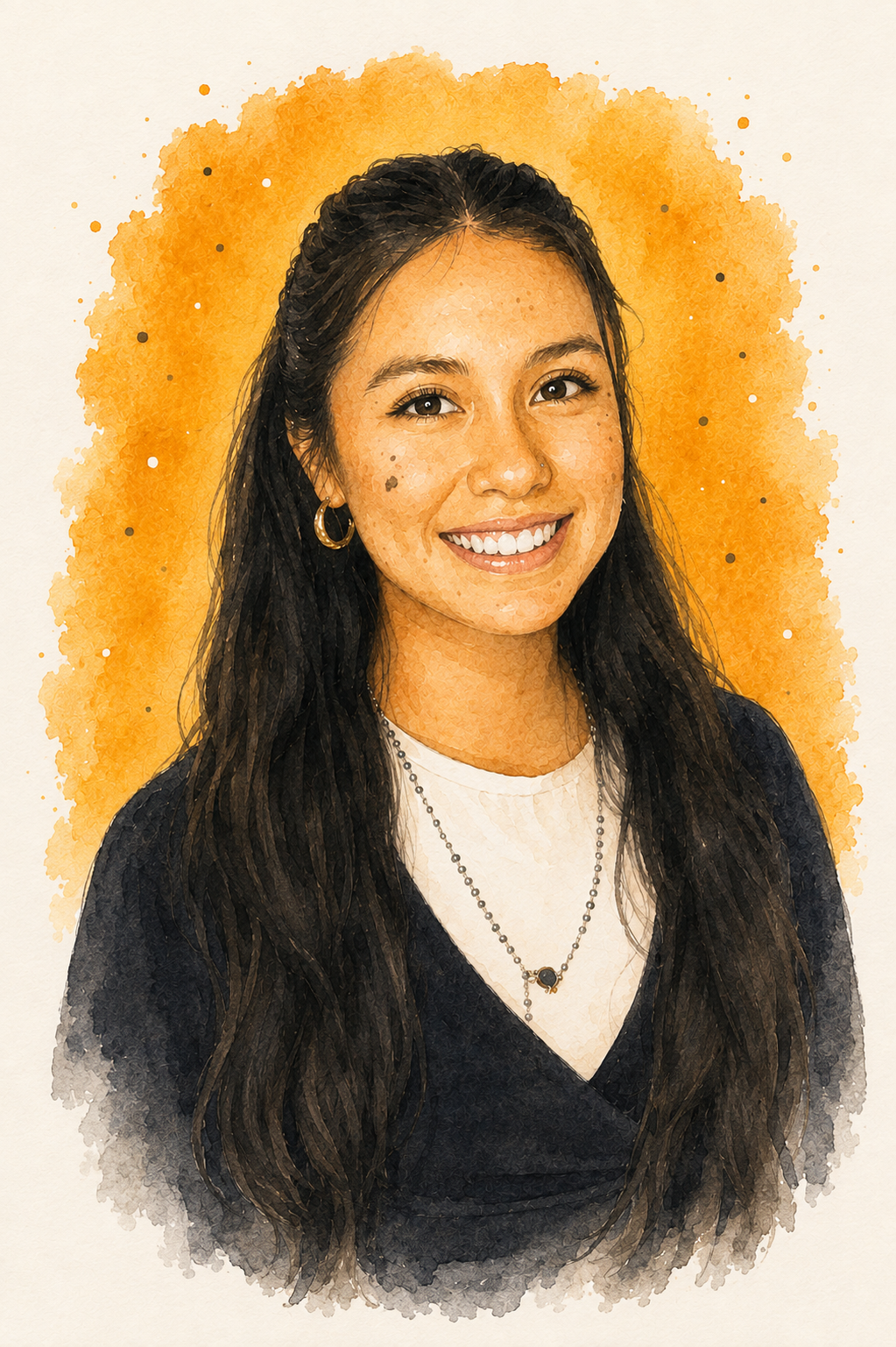 A woman smiling with long dark hair, wearing hoop earrings, a necklace with a pendant, a white top, and a dark cardigan, with a yellow-orange watercolor background.