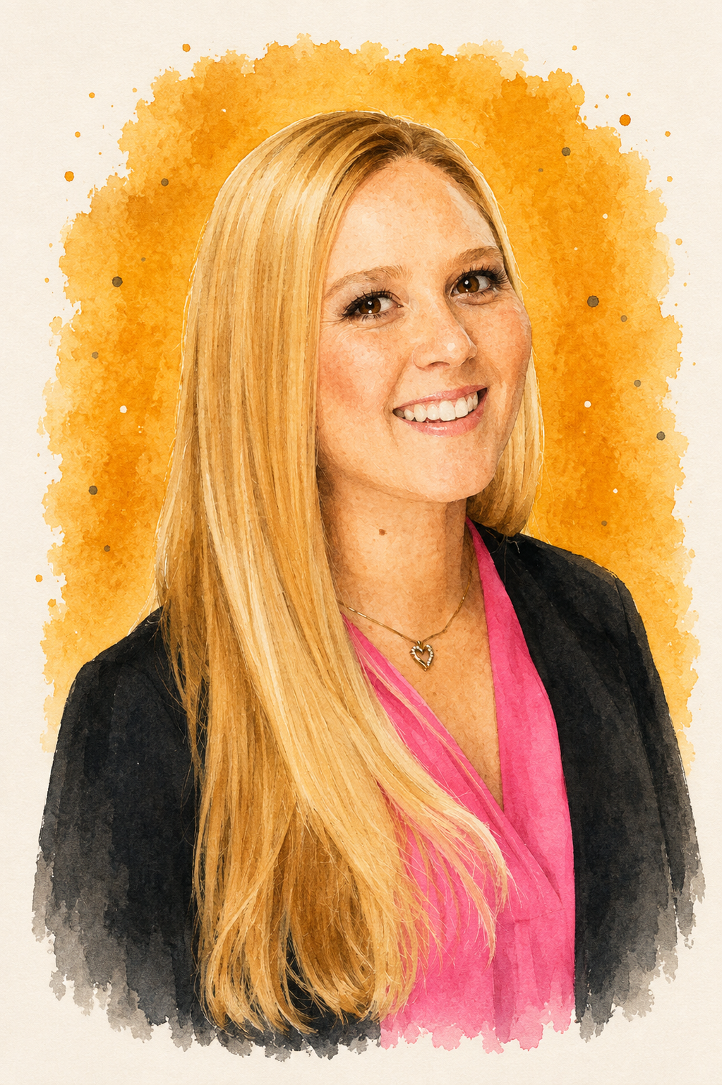 Watercolor illustration of a person with long hair, smiling, wearing a necklace with a heart pendant, a pink top, and a dark blazer, against a yellow watercolor background.