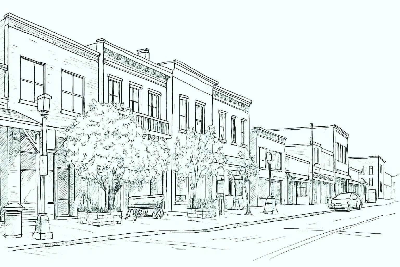 Line drawing of a Truckee street with historic buildings, trees, and a parked car.