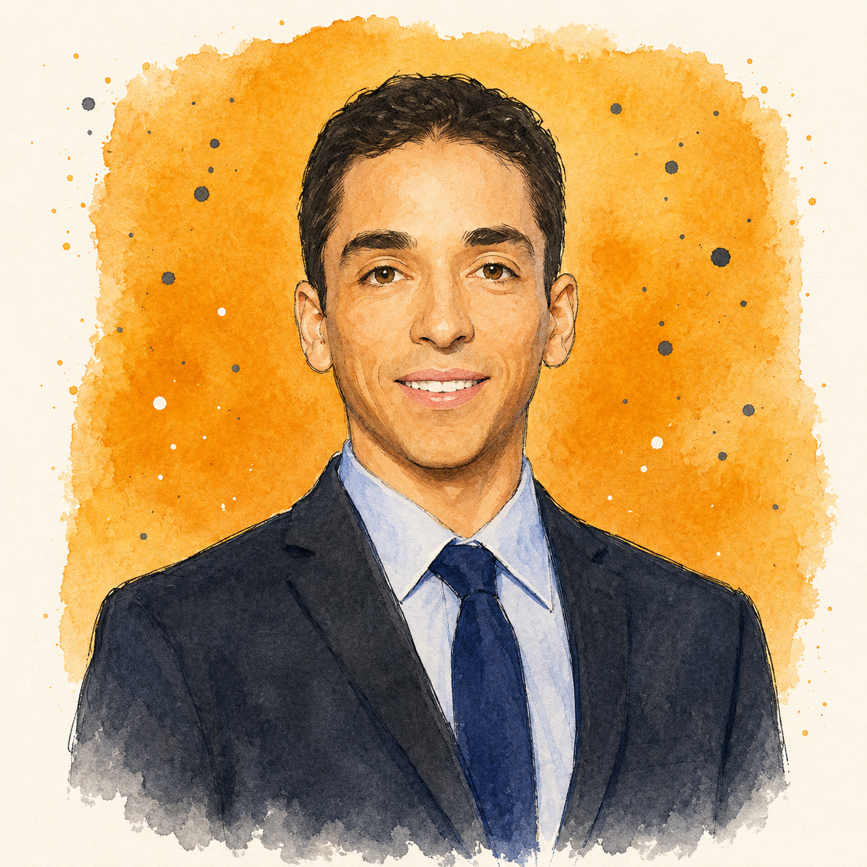 Drawing of a young man with short dark hair, wearing a black suit, light blue shirt, and a blue tie, smiling with a green background.