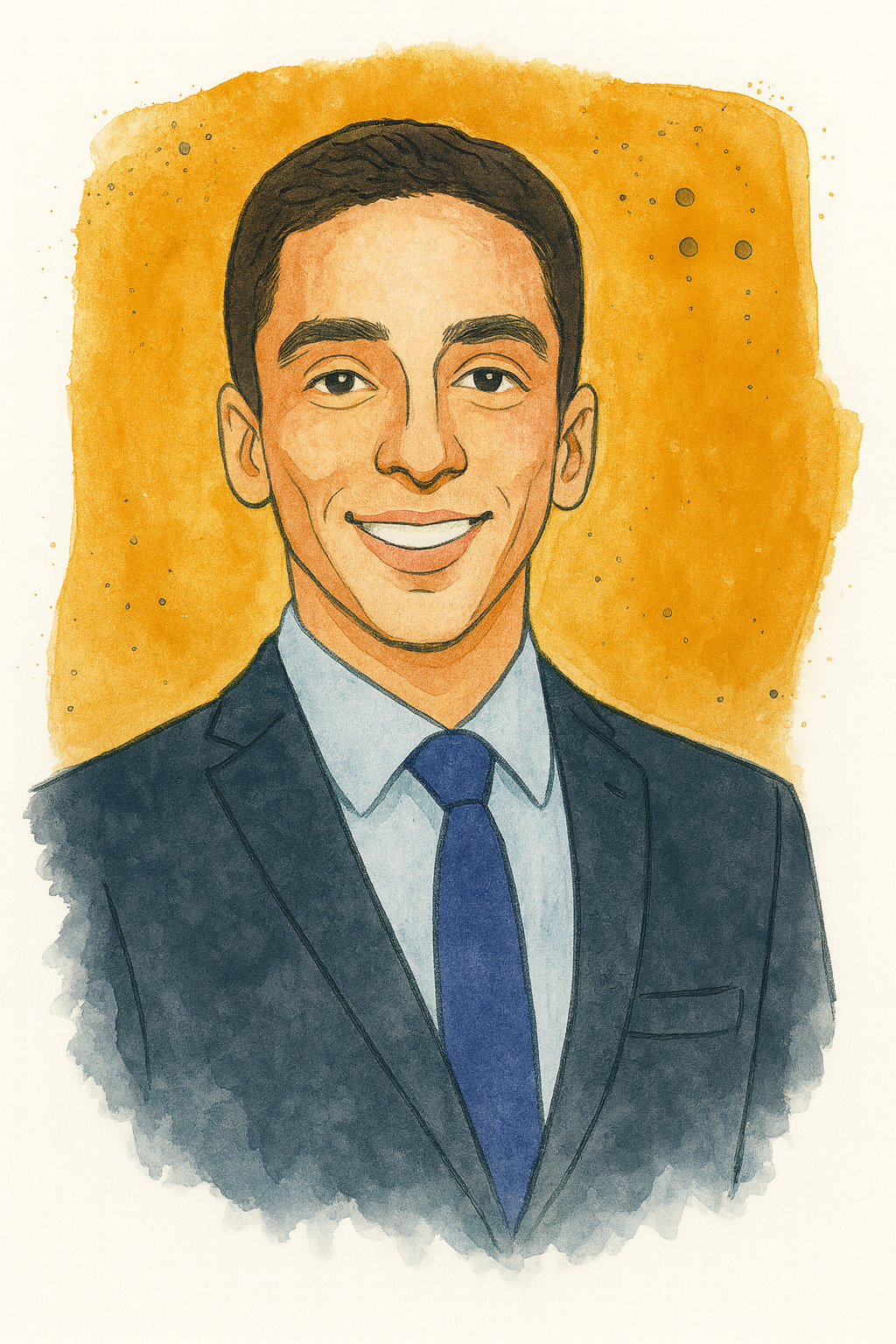 Drawing of a young man with short dark hair, wearing a black suit, light blue shirt, and a blue tie, smiling with a green background.