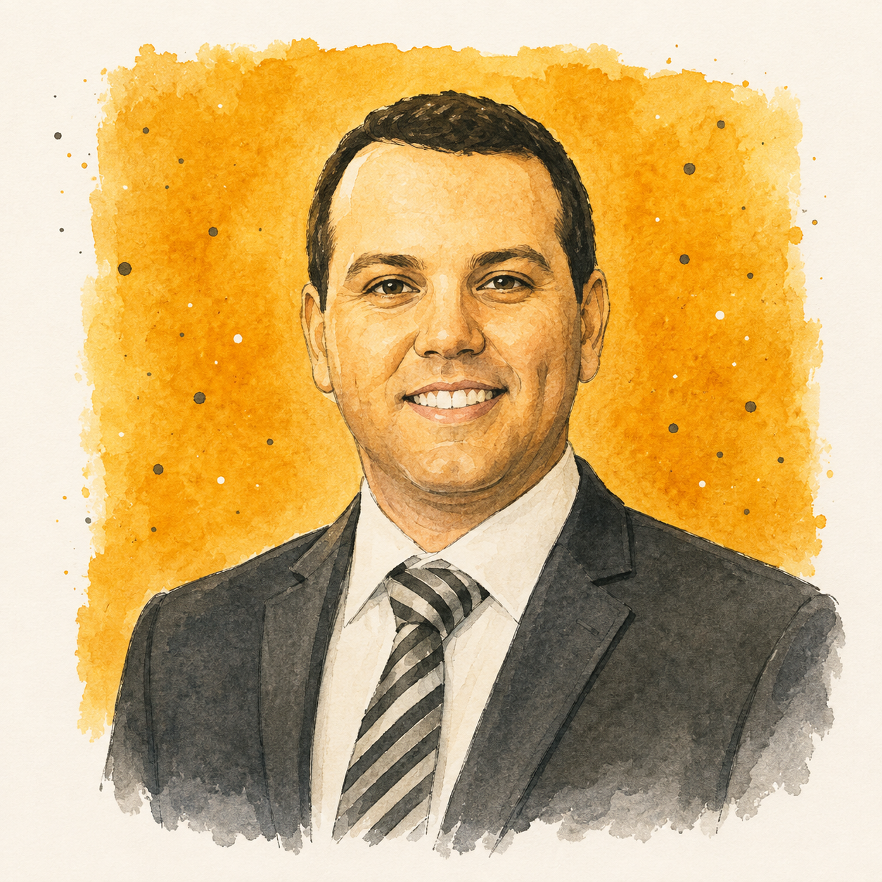Illustrated portrait of a smiling man in a black suit and blue striped tie with an orange background.