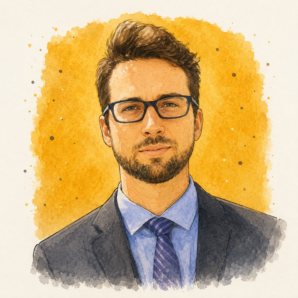 Watercolor portrait of a man with glasses, a beard, wearing a suit and tie, set against an orange watercolor background.
