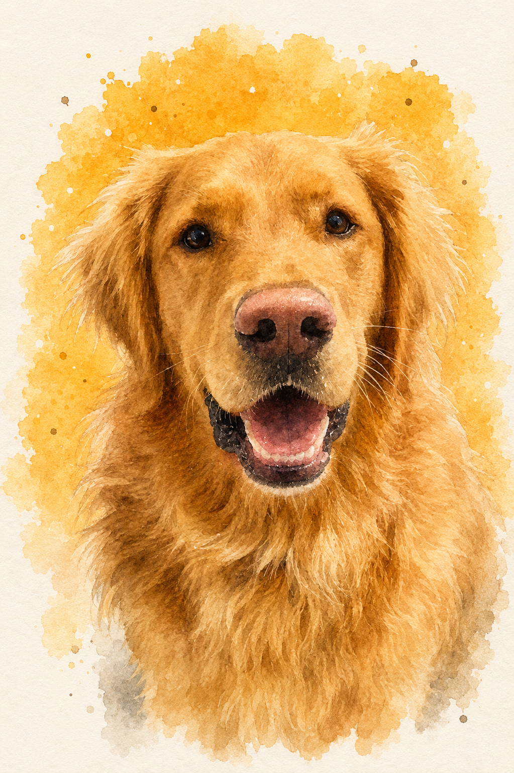 Illustration of a happy golden retriever with a blue background.