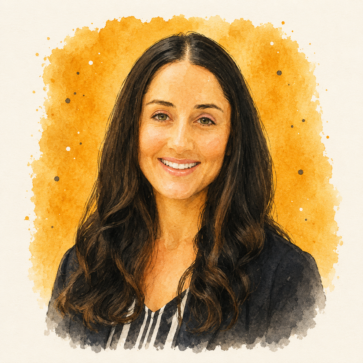 Watercolor portrait of a smiling woman with long brown hair, wearing a dark blazer and a striped shirt, against an orange background with black speckles.