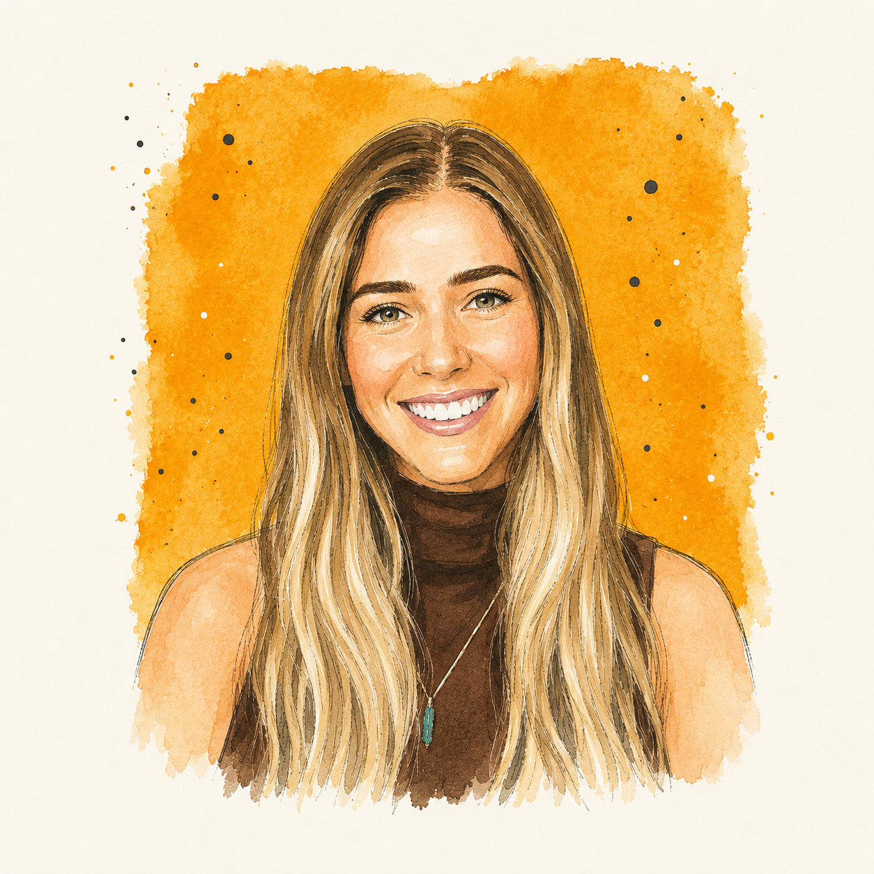 A watercolor-style portrait of a smiling woman with long wavy blonde hair, wearing a dark sleeveless top and a turquoise pendant necklace, against an orange background with black and white paint splatters.