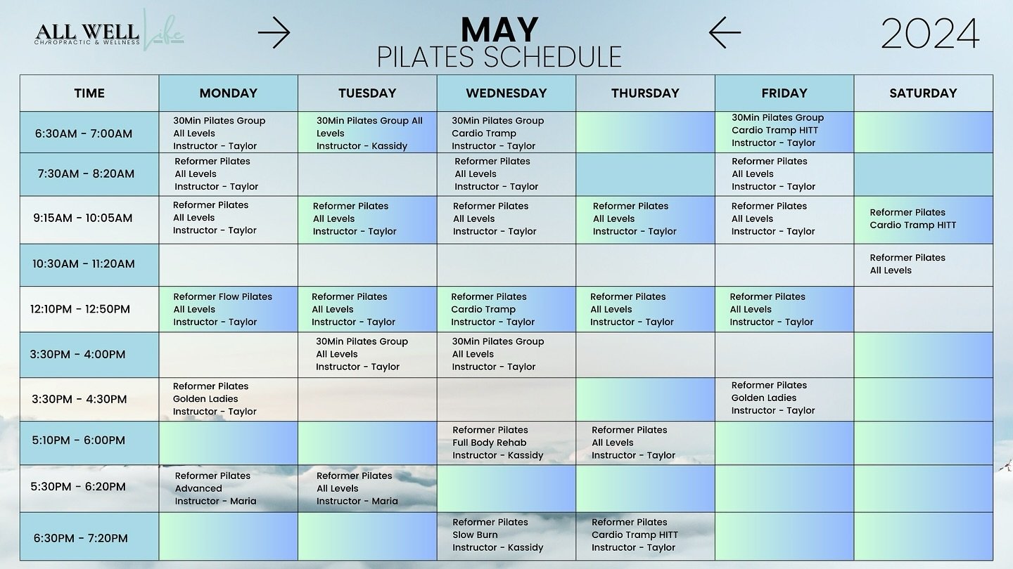 Our May schedule is out with a couple of additions that has got us excited! 
Check out Kassidy&lsquo;s new full body rehab and slow burn classes for a new twist on how you can use reformer Pilates.
Let&rsquo;s get moving in May!💪
.
.
.
.
#allwelllif