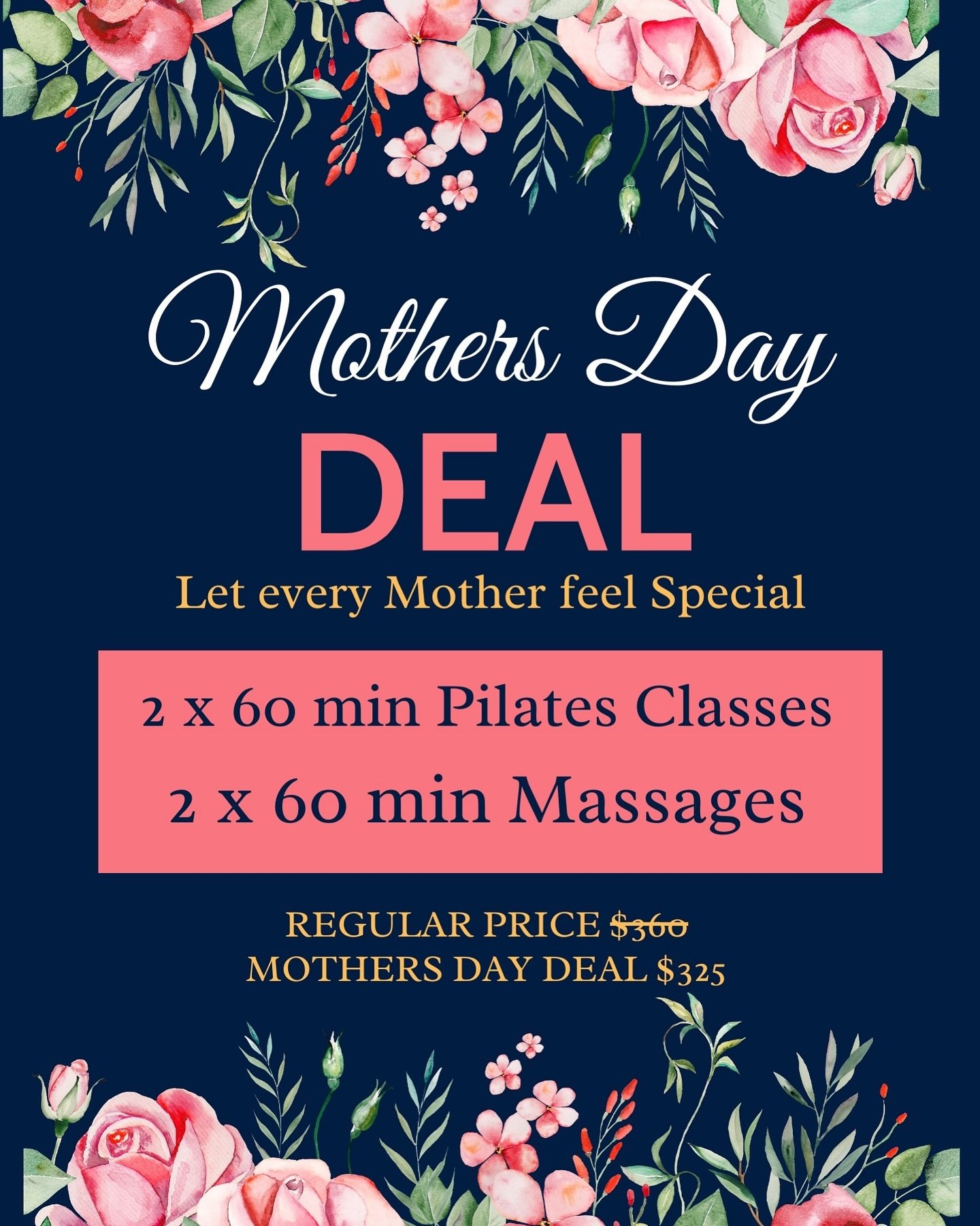 Spoil the most important person in your life this Mother&rsquo;s Day. 🥰
2 x Pilates classes and 2 x 60 minute massages at a discounted bundle price this Mother&rsquo;s Day. 🎉

Call or purchase in clinic. 
Comes with digital mother&rsquo;s day card 