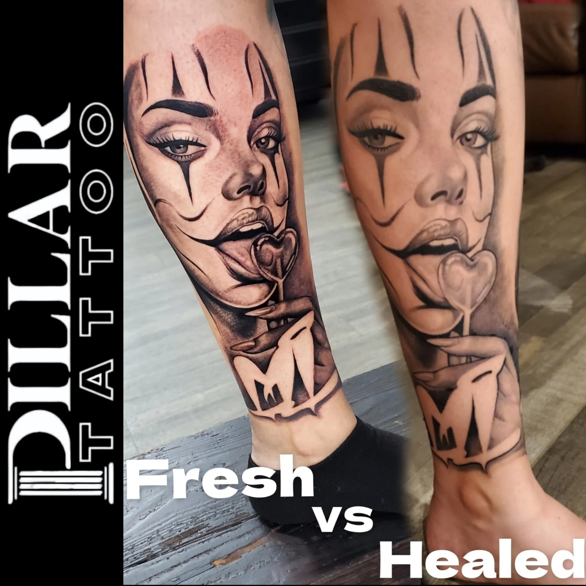 Close-up of two tattoos on a person's calf, showcasing detailed black and gray artwork of a woman's face with makeup and teardrop markings, against a background of gray wooden floor.