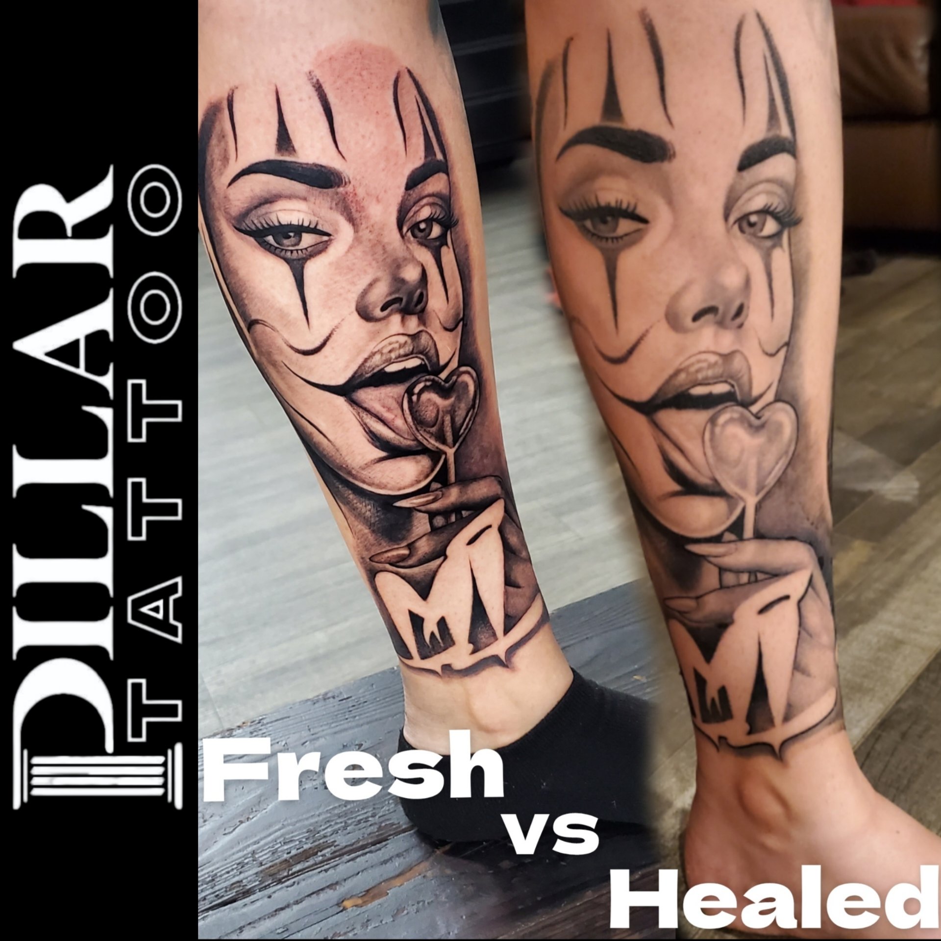 Close-up of two legs with tattoos of a woman's face with makeup, tear streaks, and holding a heart-shaped balloon, with text overlay reading 'Fresh vs'.