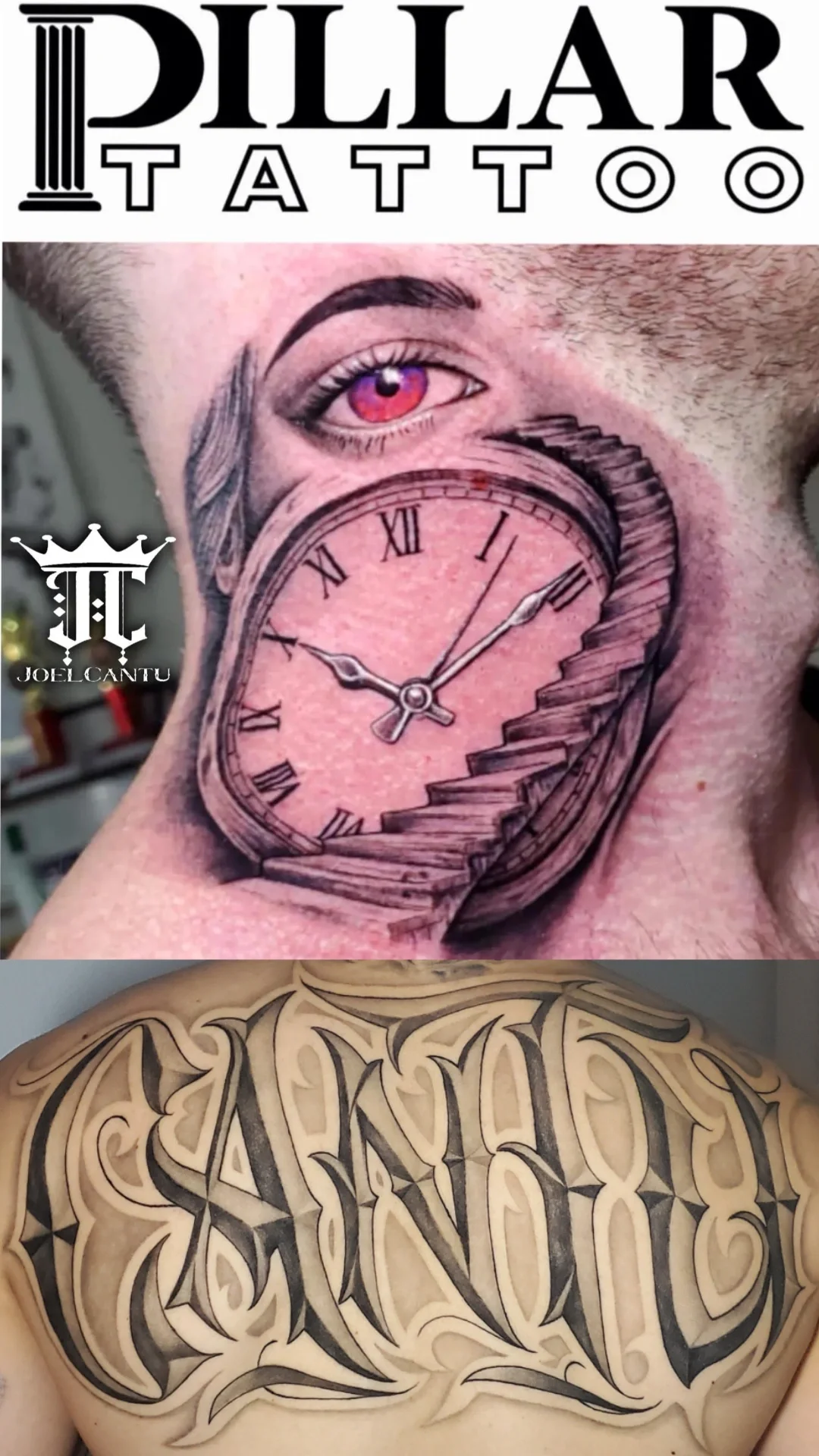 A tattoo of a broken pocket watch with Roman numerals, stairs, and a man’s face with a purple eye, located on a person's shoulder or chest. The tattoo appears realistic with shading and detail.