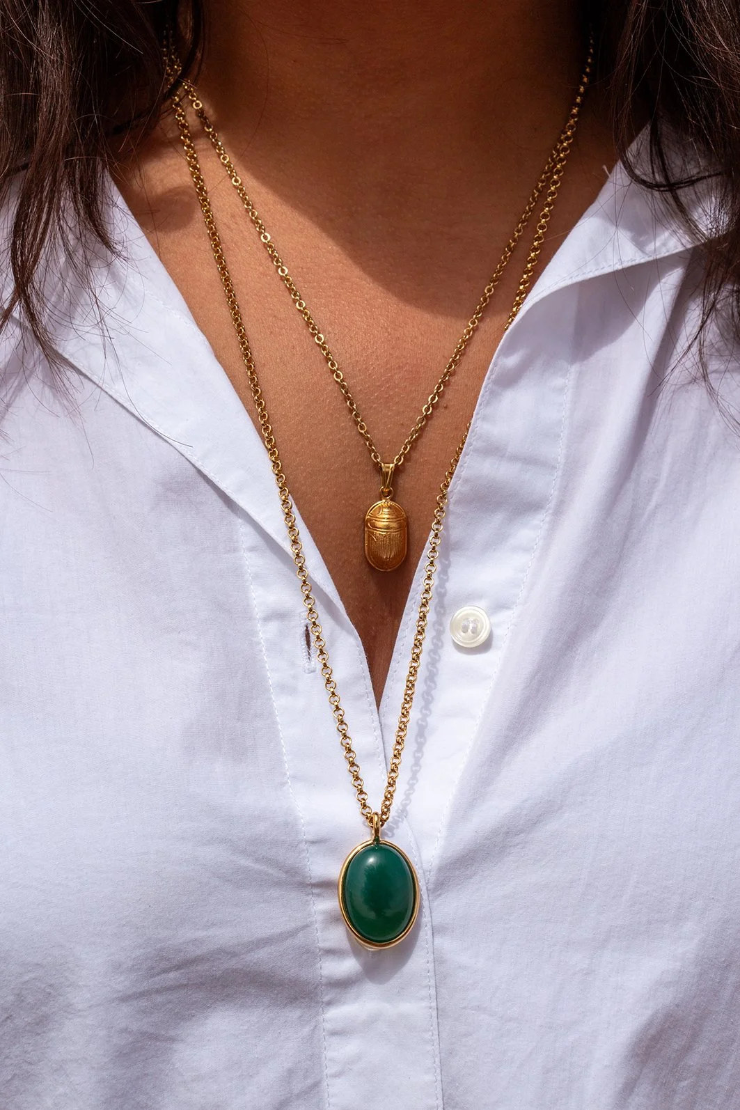 Pendentif cabochon agate verte naturelle plaqué or 18 carats grand modèle – Collection Lueurs d'Égypte Syracuse Paris