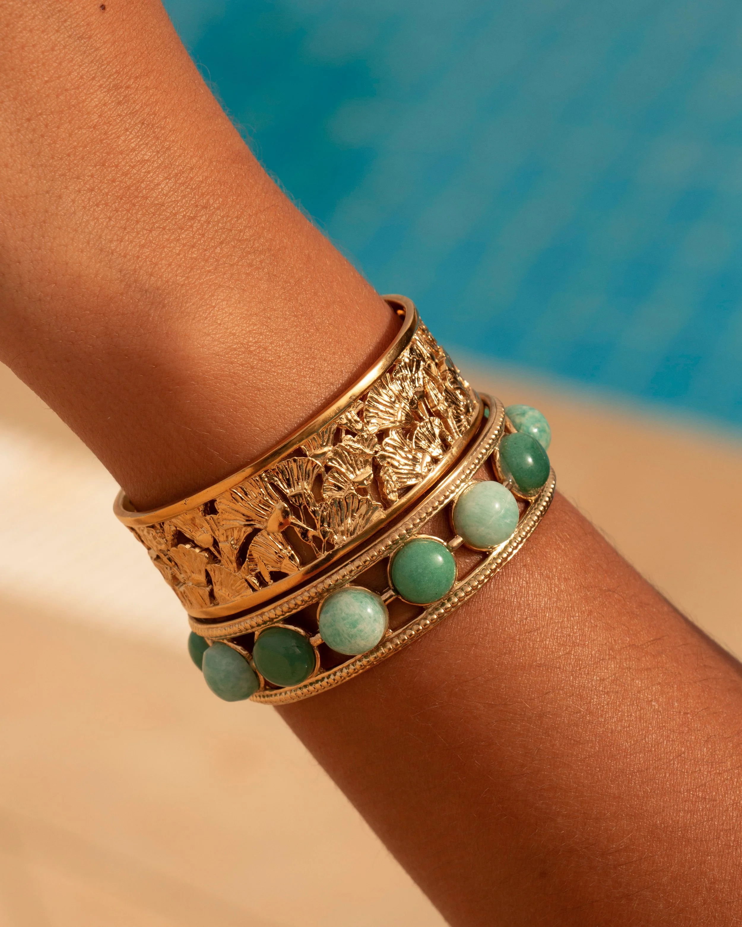 Bracelet jonc doré amazonite et aventurine naturelle – Collection Lueurs d'Égypte Syracuse Paris