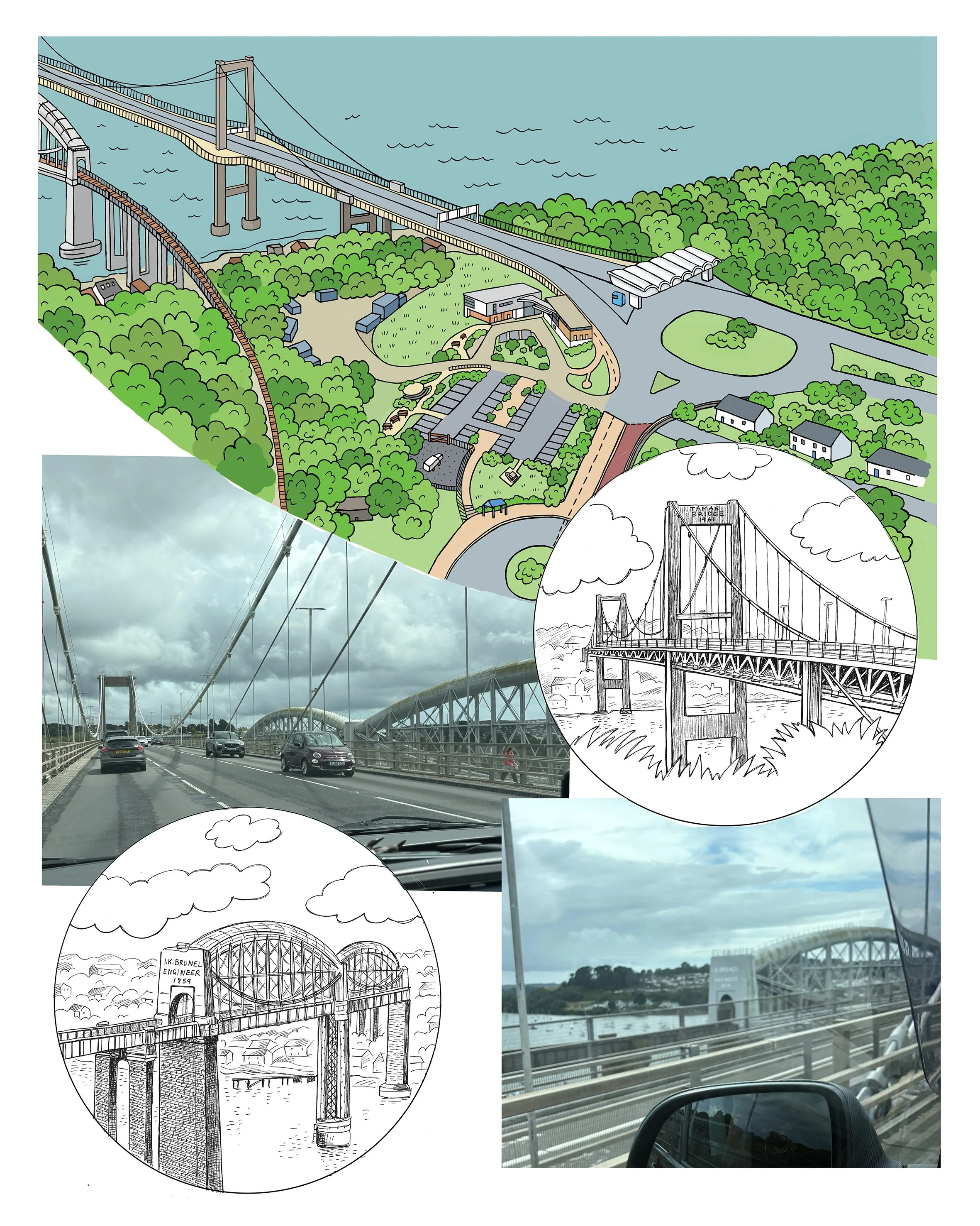 Elements for Illustrated map and features for the new Tamar Bridge development. 2021