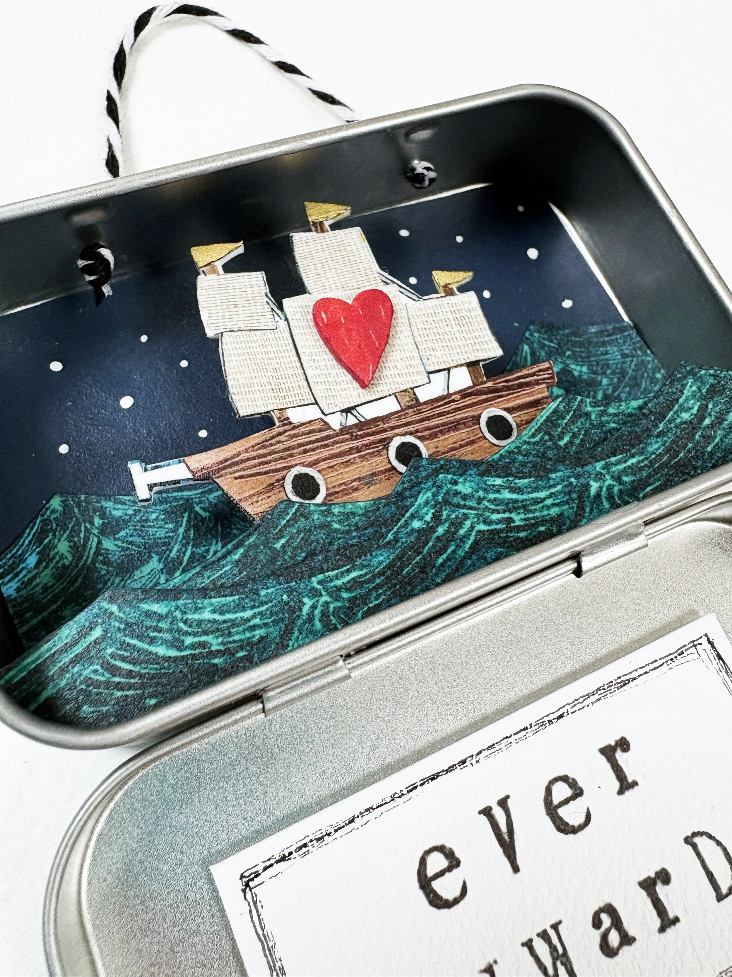 'Ever Onwards' sailing ship diorama in a tin (version 2)- horizontal hanging decoration