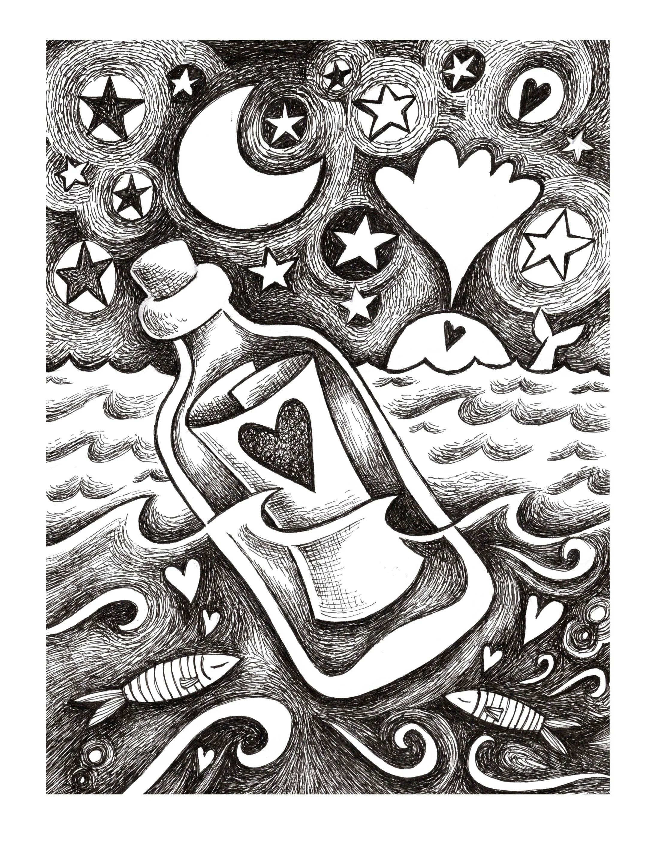 Original pen line illustration 'Message in a Bottle' 12x12 inch mount