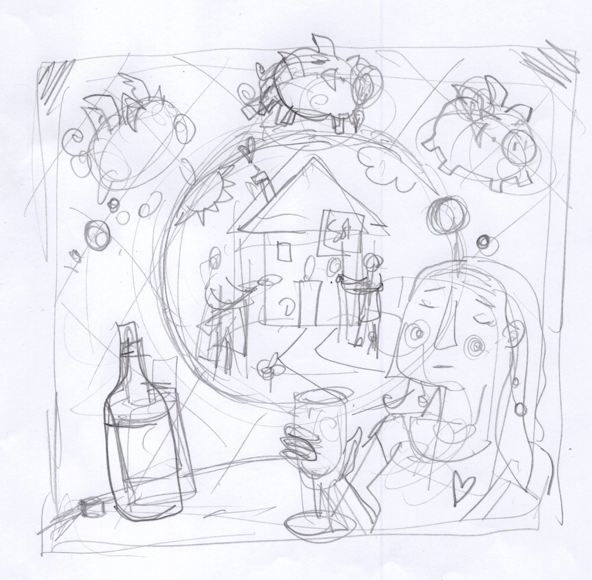 First idea rough drawing of final illustration.