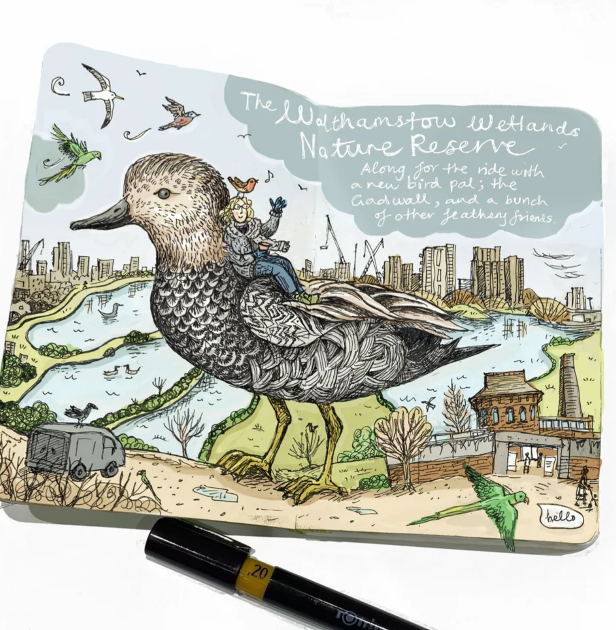 Colorful illustrated scene of a woman at a book fair surrounded by books, a coffee cup, a snail, a cat, and a moon, with handwritten notes and speech bubbles describing her experience.