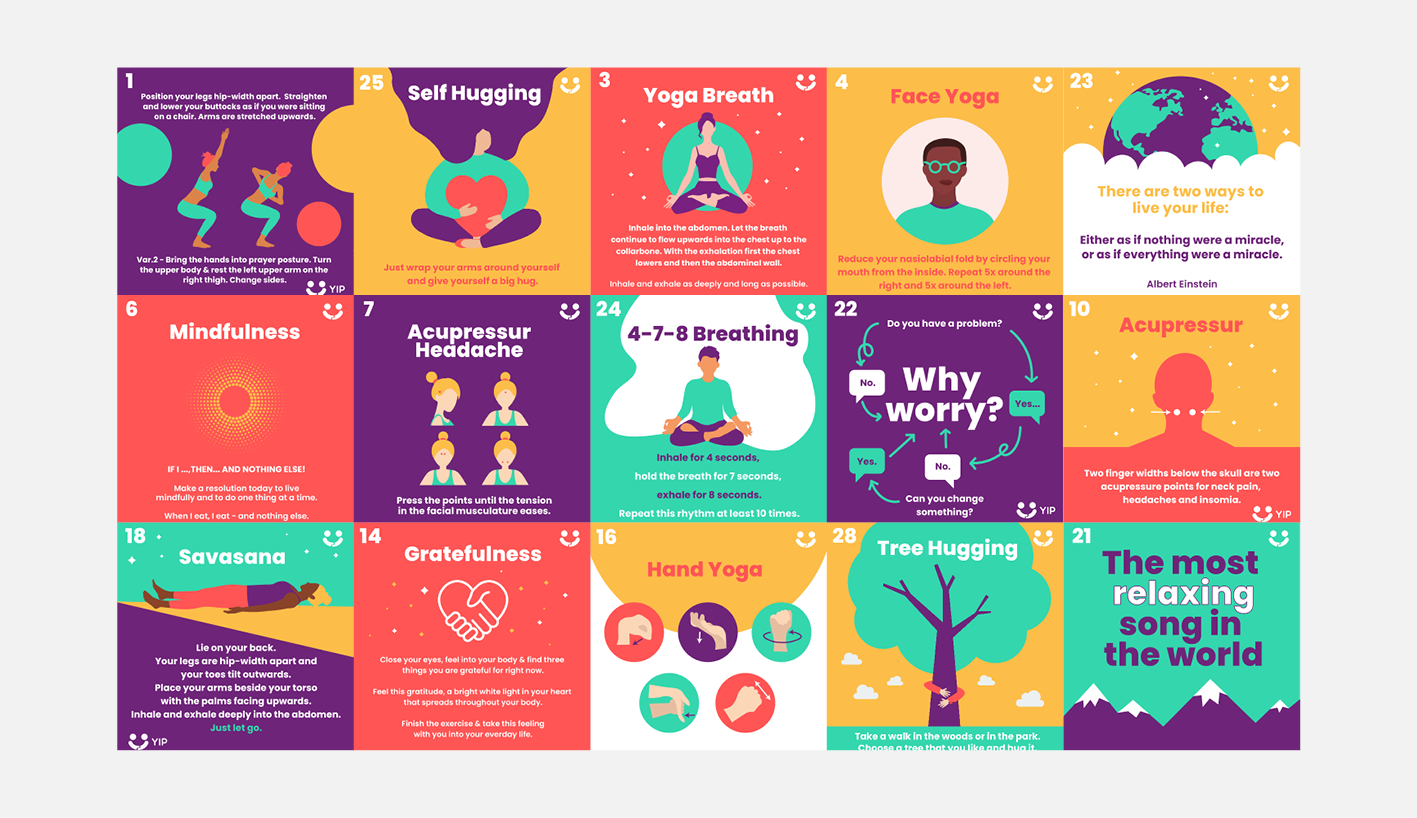 Original YIP wellbeing social content series with varied branded illustrations and typography