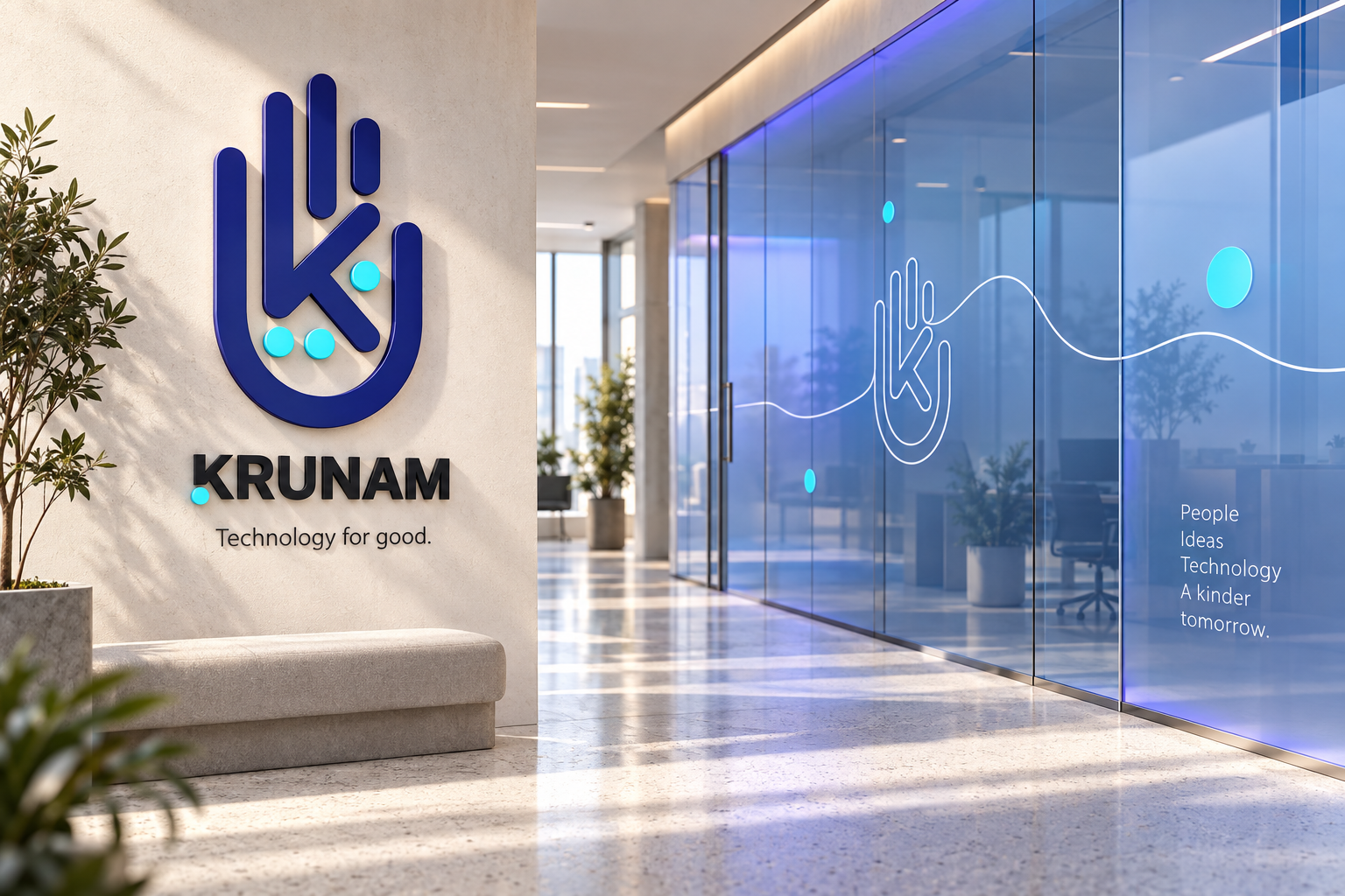 Krunam identity as dimensional signage beside continuous-line glass graphics in a bright architectural interior