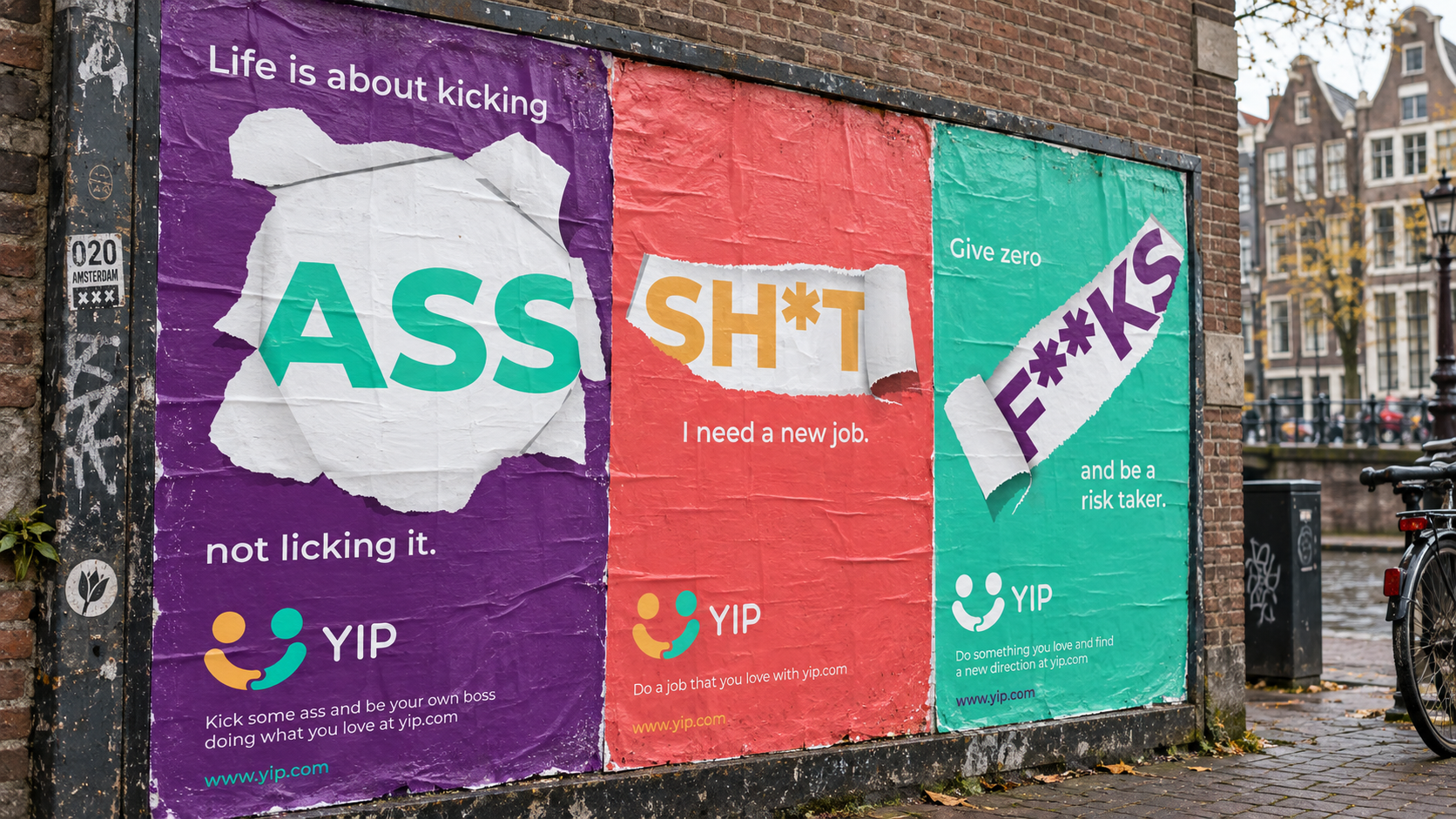 YIP’s original purple, coral and mint torn-paper campaign on an Amsterdam street hoarding