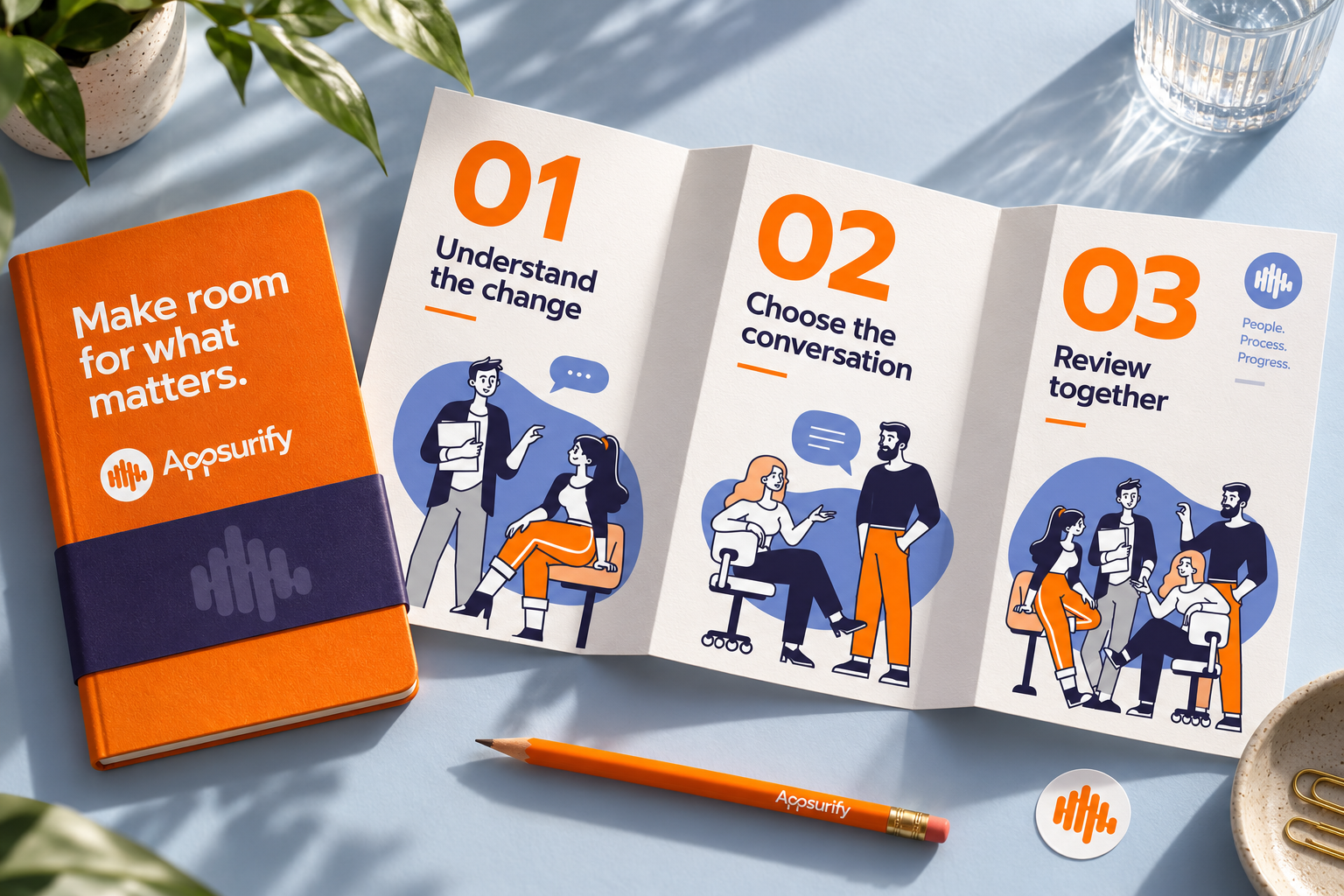 Orange Appsurify notebook and accordion-fold QA team guide using the original illustrated people