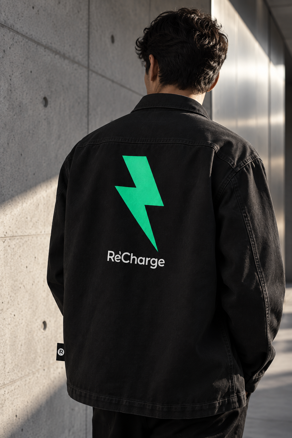 Black ReCharge overshirt with an electric-green original lightning motif printed on the back