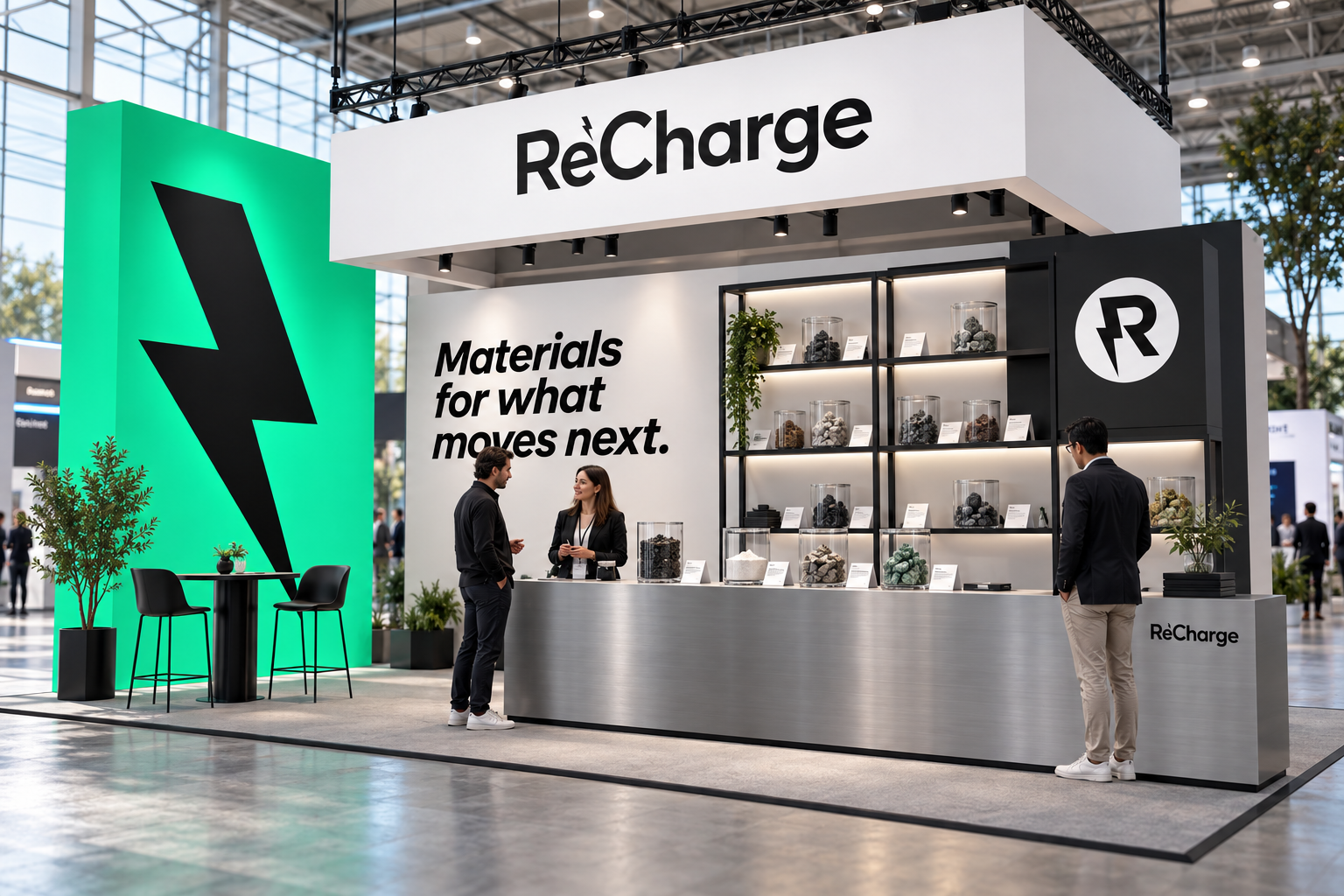 ReCharge exhibition concept with a brushed-aluminium materials library, green lightning wall and open discussion area