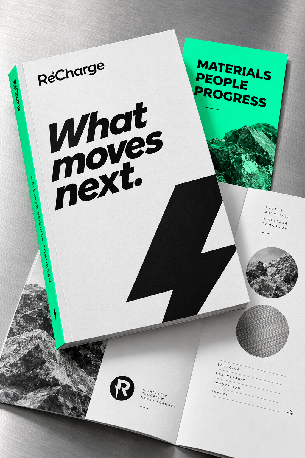 ReCharge What moves next publication with an electric-green spine, black lightning graphic and materials editorial insert